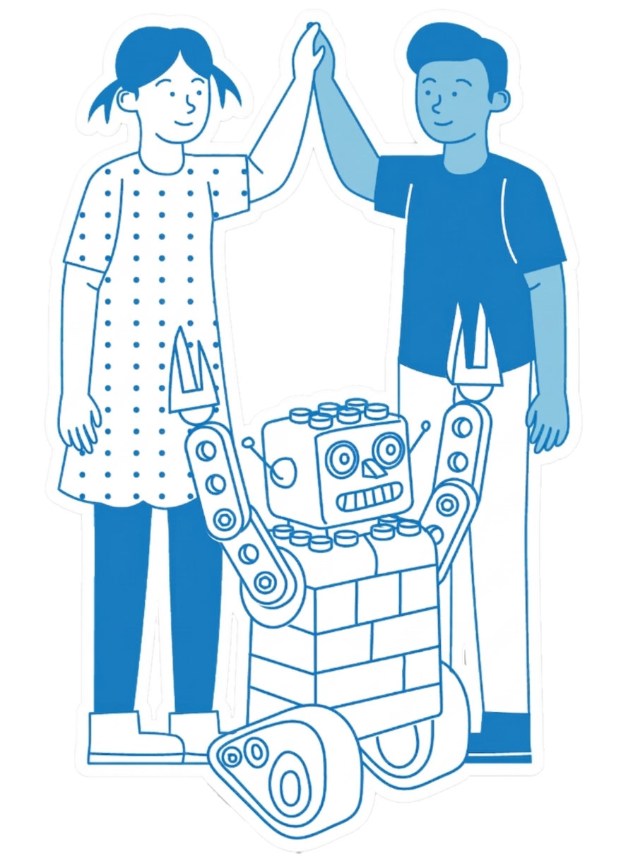 Two young people high-fiving with a robot celebrating between them.