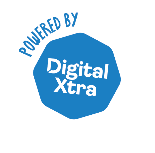 A circular sticker with a white background and the Digital Xtra octagon logo in the centre. Around the octagon, the text says "Powered by" in blue.