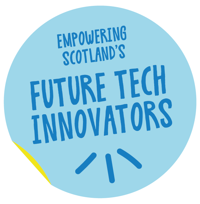 Light blue sticker that reads, "Empowering Scotland's Future Tech Innovators"