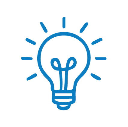 Blue lightbulb icon with rays of light on a white circular background.