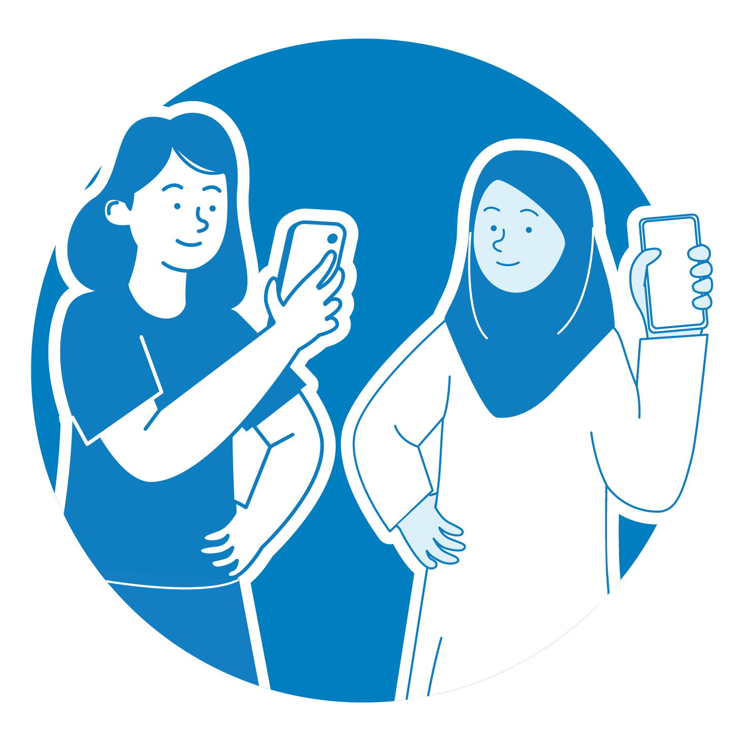 Two women taking selfies together, one holding a phone and wearing a t-shirt, the other in a hijab and holding a phone, smiling.
