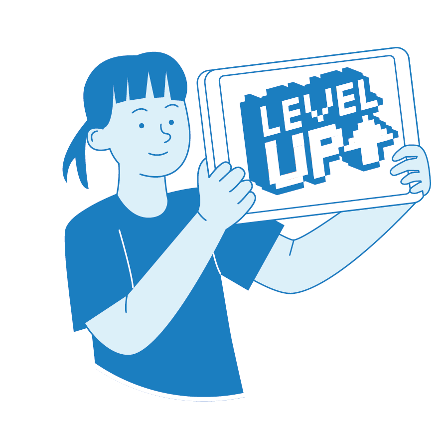 A girl holding a sign that says 'Level Up' in pixelated style, smiling.