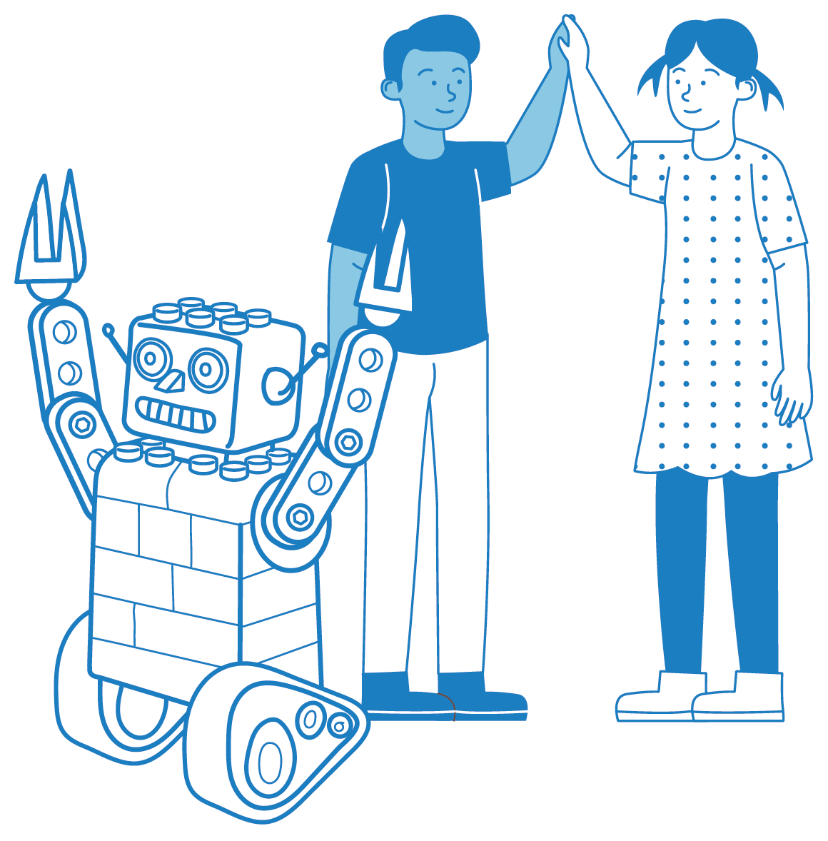 A boy and a girl giving a high five to a robot. The robot is made of bricks and LEGO-like parts, with a face on its front, and has tracks instead of legs.