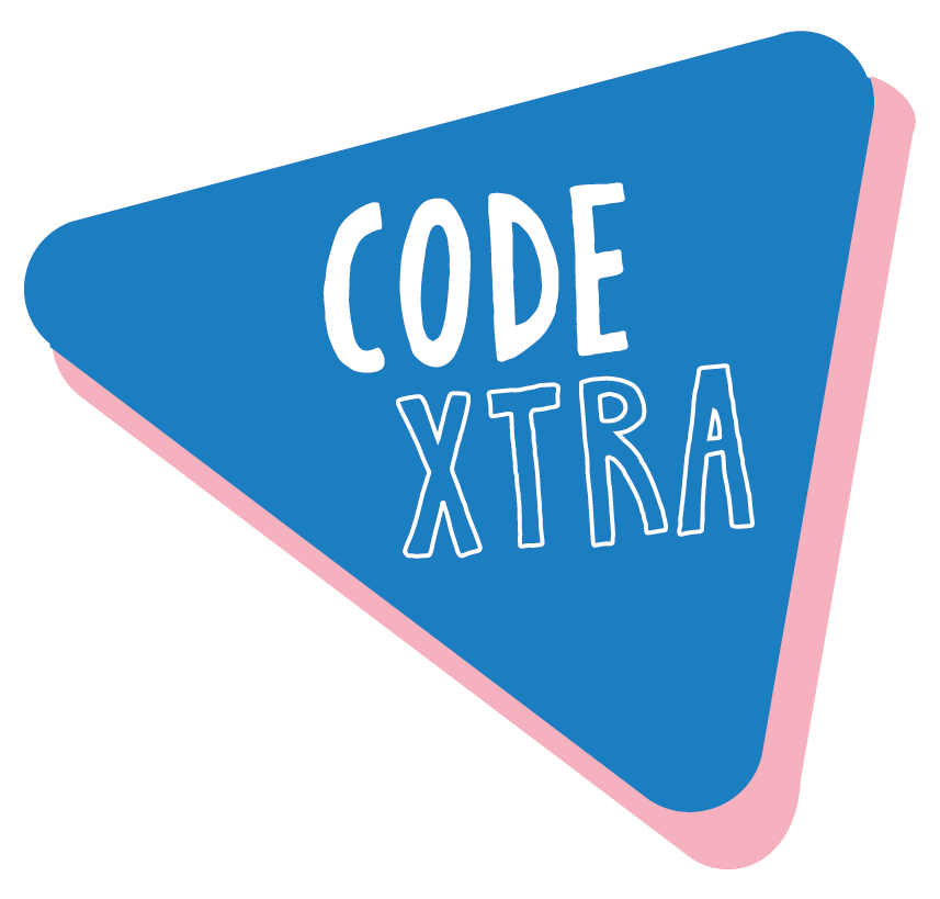 Triangular sign with blue center, pink border, and white text that says "CODE XTRA".