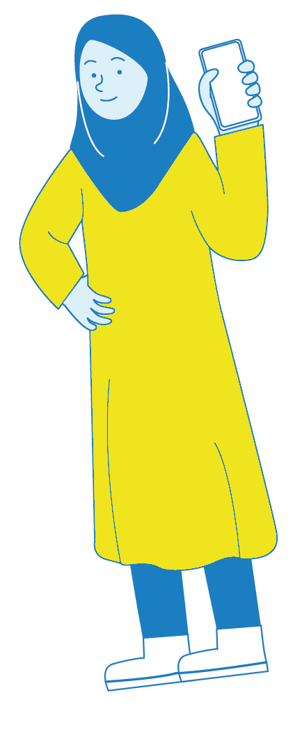 A woman wearing a yellow coat, blue headscarf, and blue pants, holding a smartphone in her right hand, with her left hand on her hip.