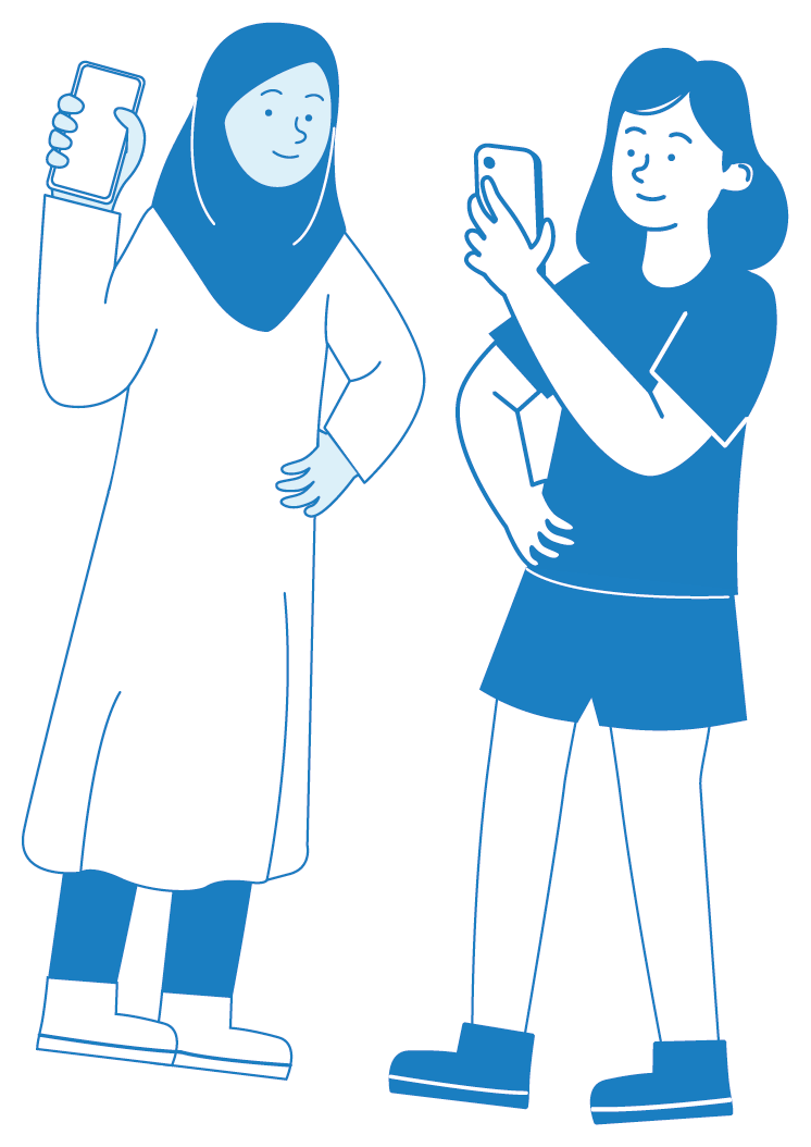 Two women are taking selfies with their smartphones, one wearing a hijab and traditional dress, the other with shoulder-length hair in casual clothing.