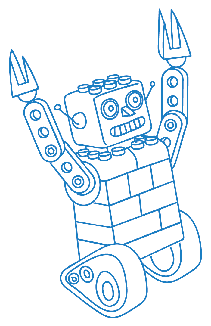 Line drawing of a robot made of toy building blocks with robotic limbs and speakers, raising its arms.