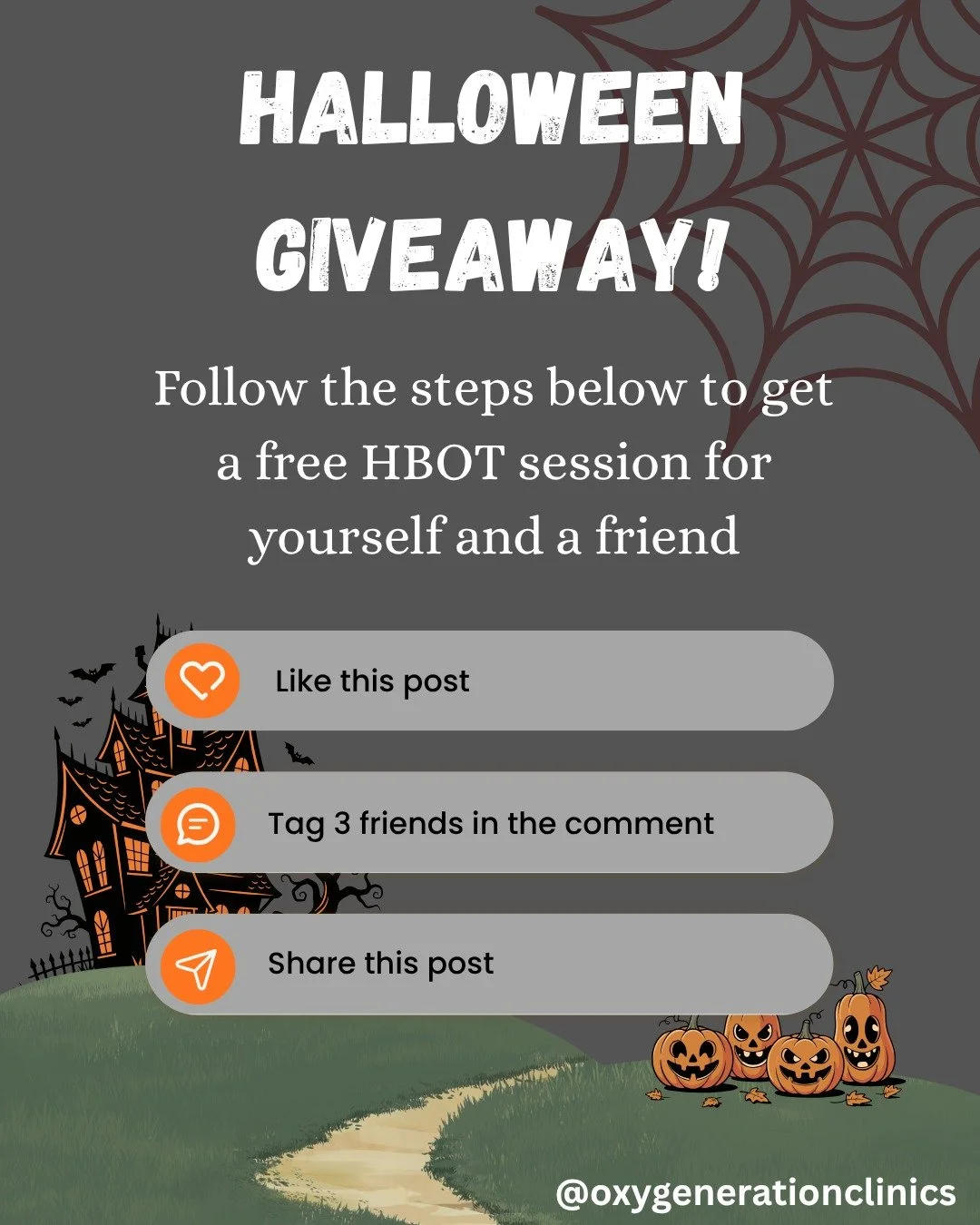 🎃 Halloween Giveaway Alert! 👻
Treat yourself (and a friend!) to a spooktacular wellness boost at OxyGeneration Clinic

We&rsquo;re giving away 2 Hyperbaric Oxygen Therapy sessions (worth &euro;135 each!) - one for you and one for a friend. 

To ent
