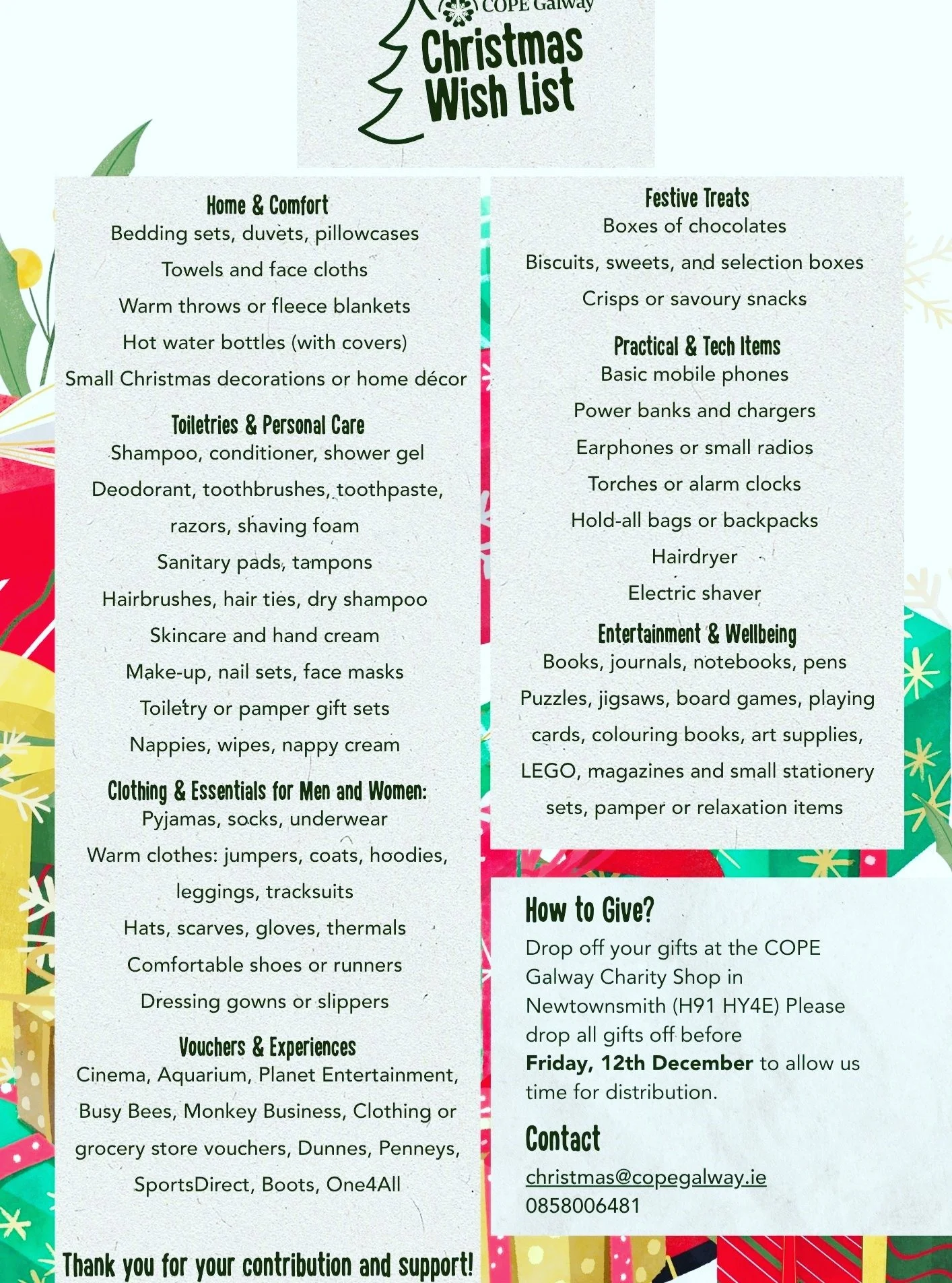 The festive season is just around the corner and we are asking if you can help us make a real difference to the lives of people across Galway this Christmas.

OxyGeneration clinic is transforming into a drop-off centre, gathering donations to make th