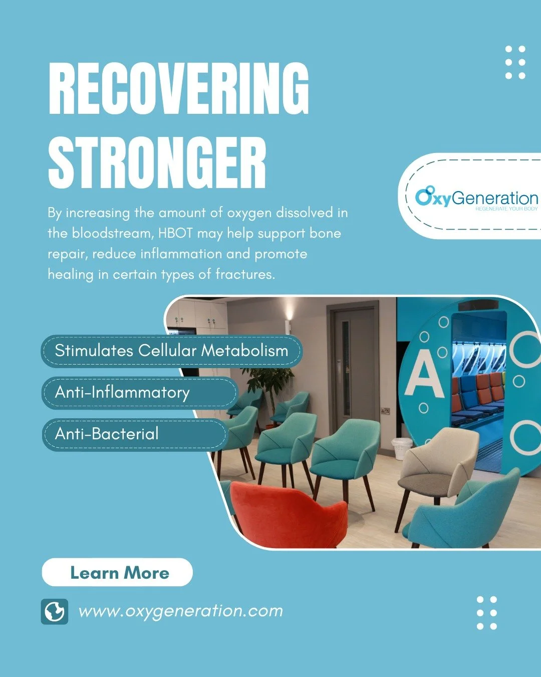 Hyperbaric oxygen therapy (HBOT) is used to enhance oxygen delivery to injured tissues. By increasing the amount of oxygen dissolved in the bloodstream, HBOT may help support bone repair, reduce inflammation and promote healing in certain types of fr