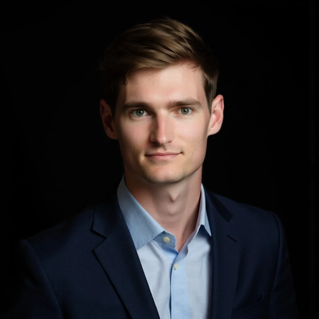 A young man with light brown hair and blue eyes, wearing a light blue dress shirt and a dark suit jacket, looks directly at the camera with a neutral expression against a black background.