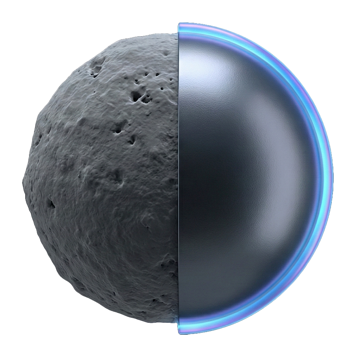 A digital rendering of an asteroid on the left half, showing a rough, cratered surface, and a smooth, metallic interior on the right half.
