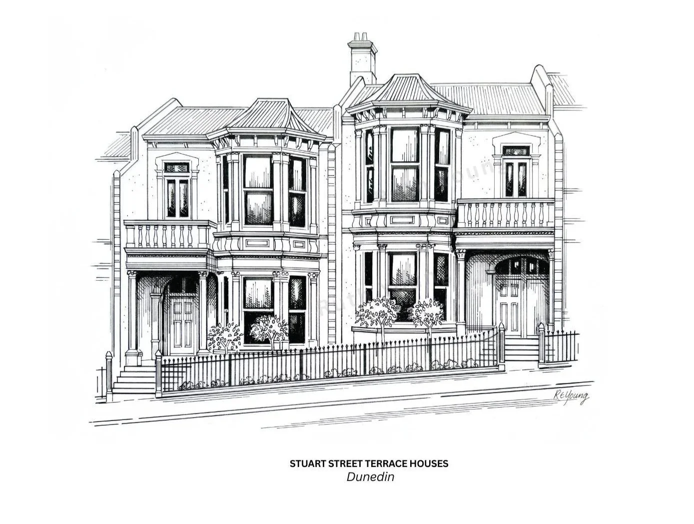 Stuart Street Terrace Buildings, Dunedin- Ink drawing by Ruth Young