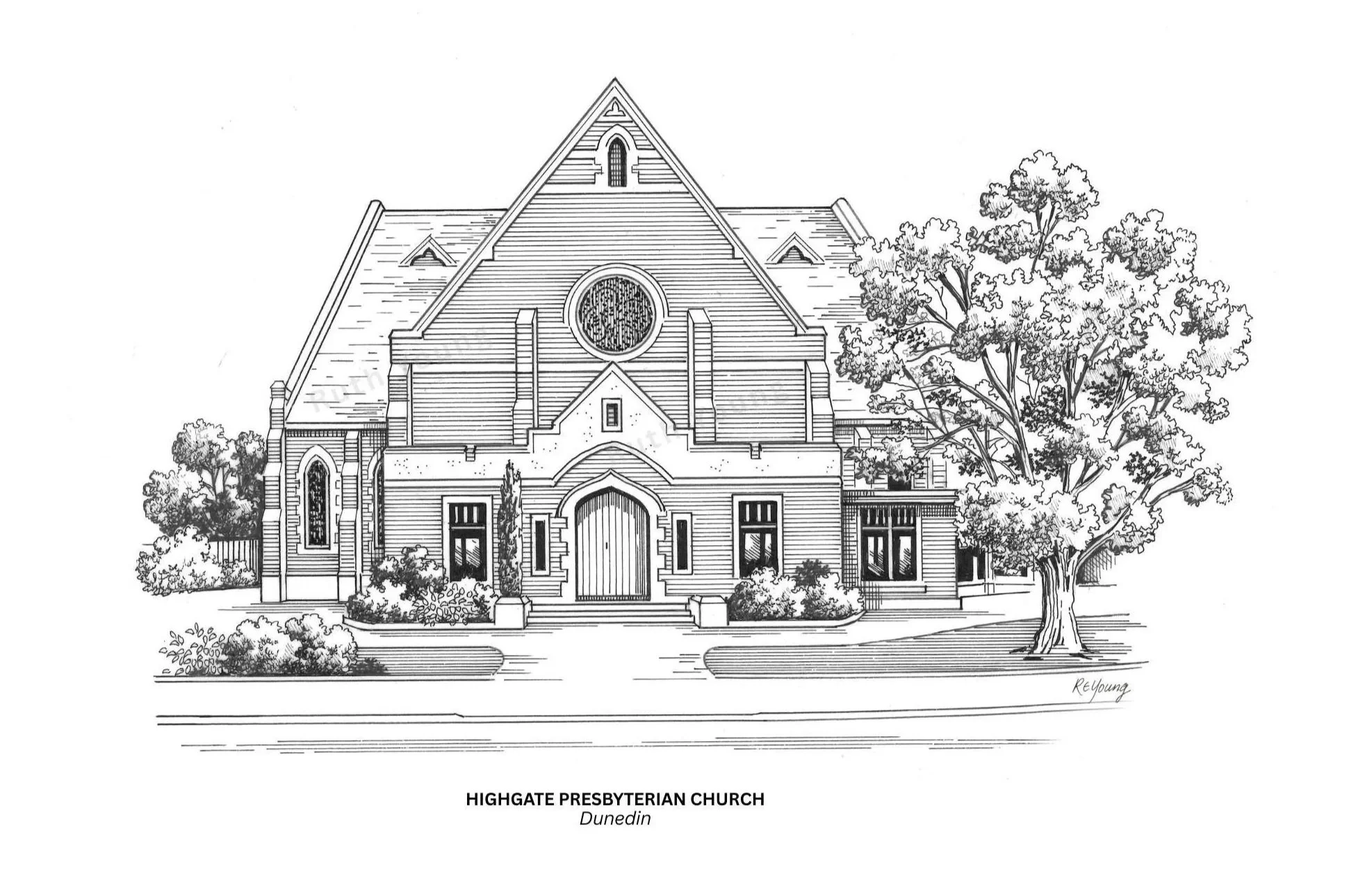 Black and white drawing of Highgate Presbyterian Church, Dunedin by Ruth Young