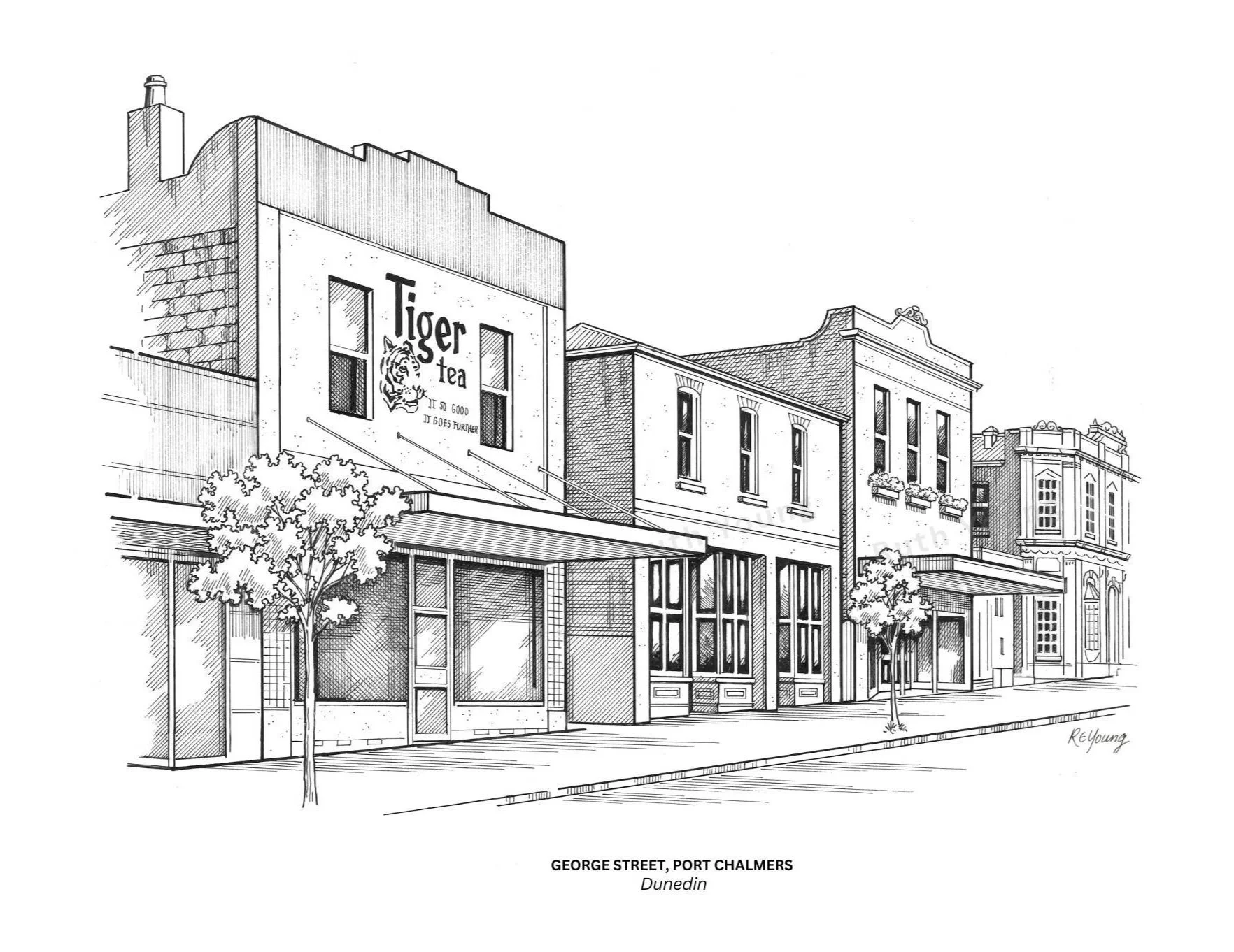 George Street, Port Chalmers — Black & White Drawing by Ruth Young