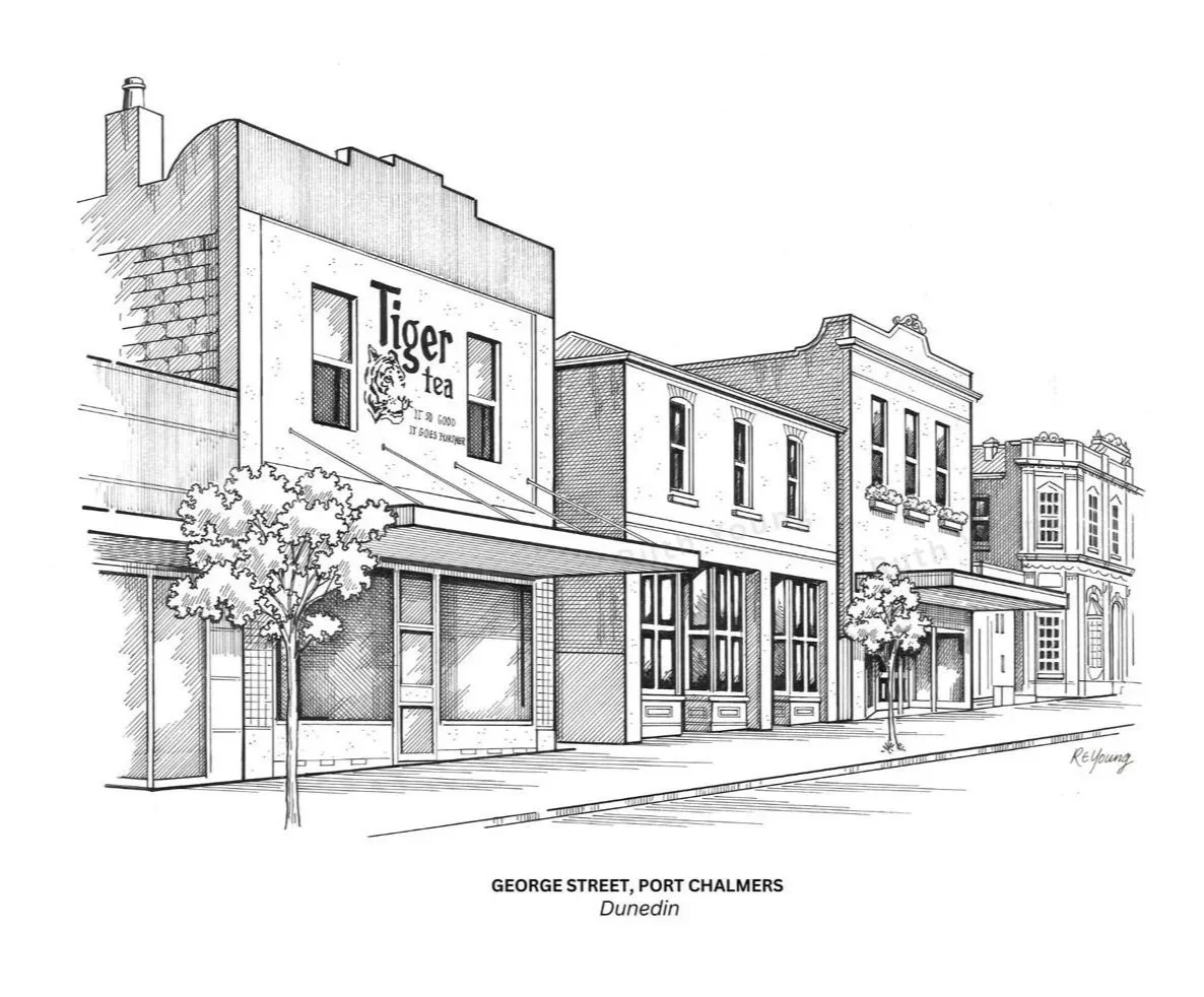 Illustration of street Scene in Port Chalmers, Otago-hand drawn by Ruth Young