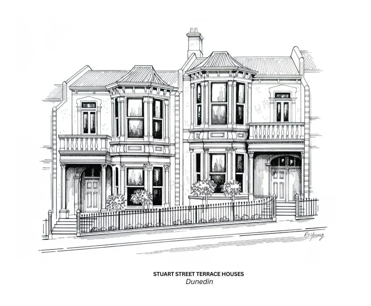 Hand drawn illustration of  Stuart Street Terrace Buildings, Dunedin