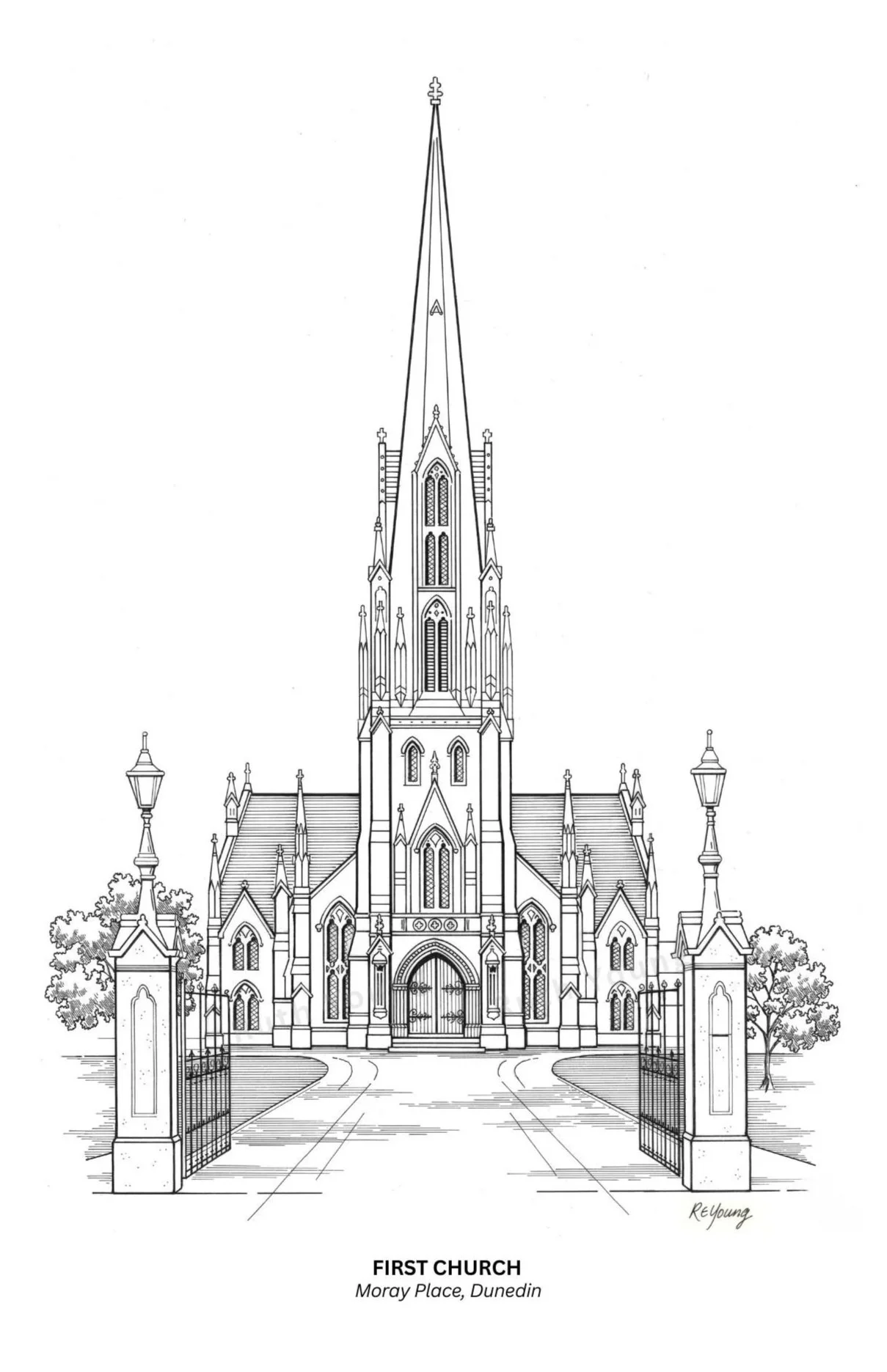 Hand-drawn illustration of First Church, Dunedin by Ruth Young