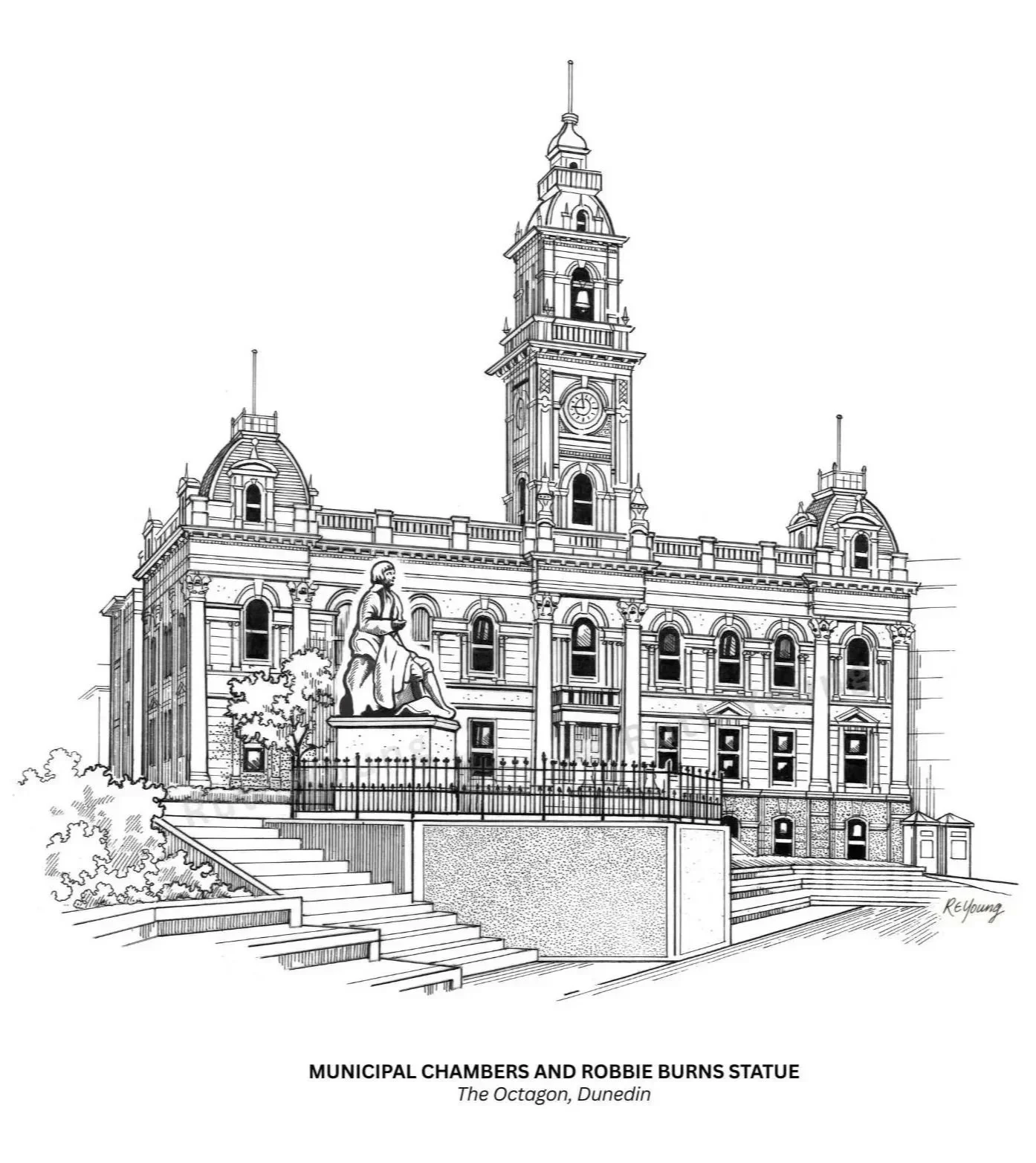 Line drawing of Municipal Chambers, Octagon, Dunedin by Ruth Young