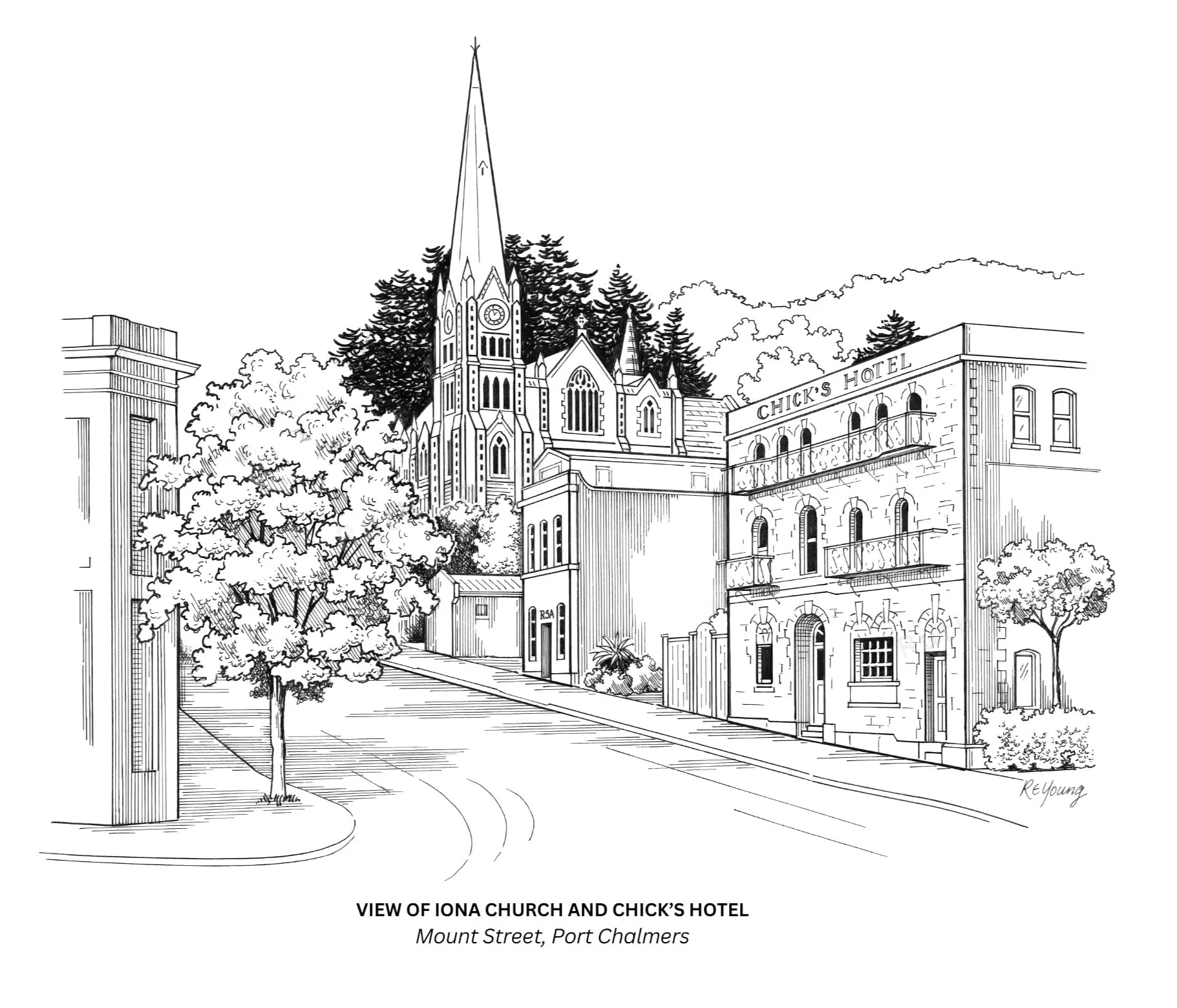 Detailed line drawing looking up Mount Street, Port Chalmers, featuring Iona Church and Chick's Hotel.