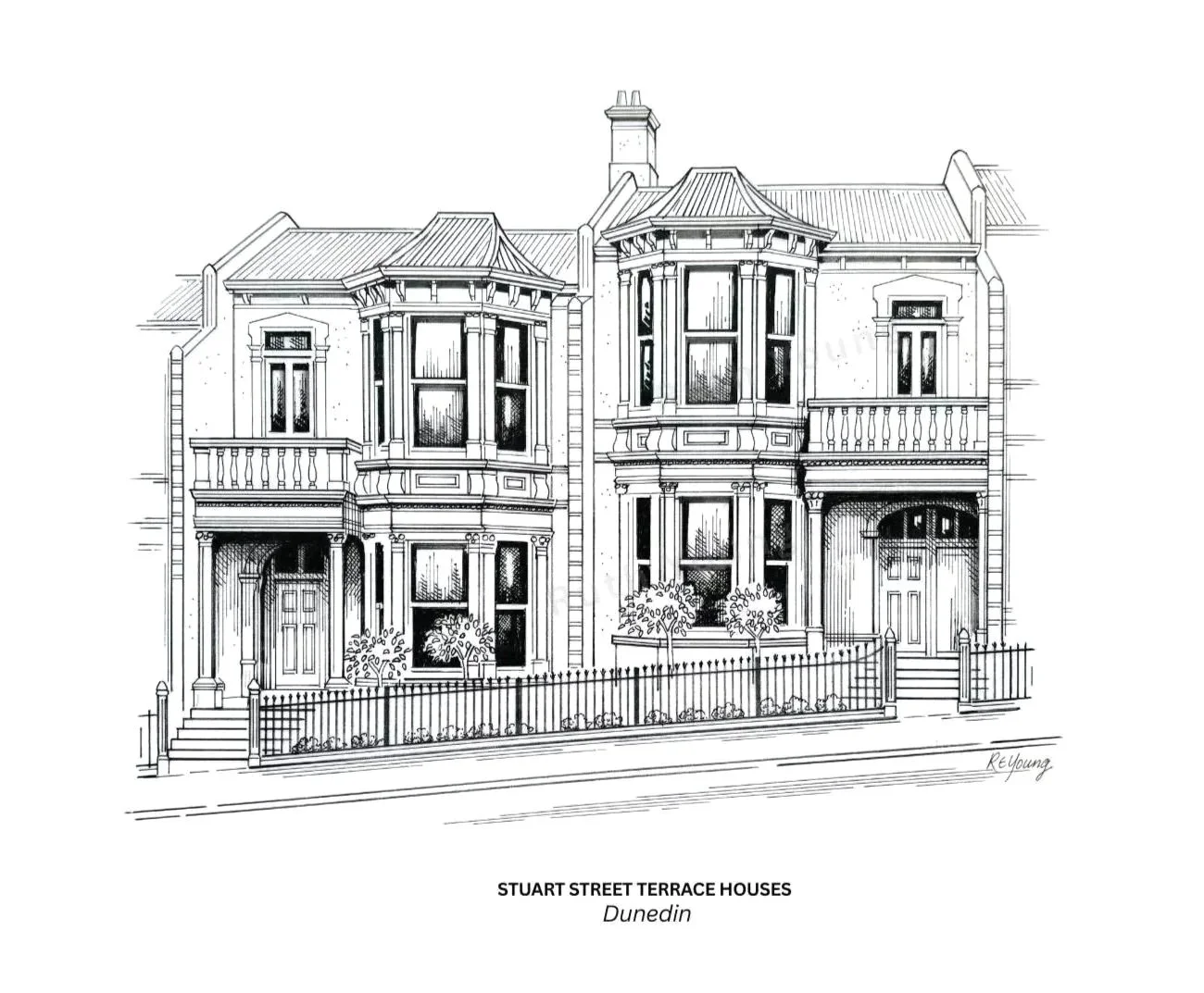 Hand drawn illustration of  Stuart Street Terrace Buildings, Dunedin