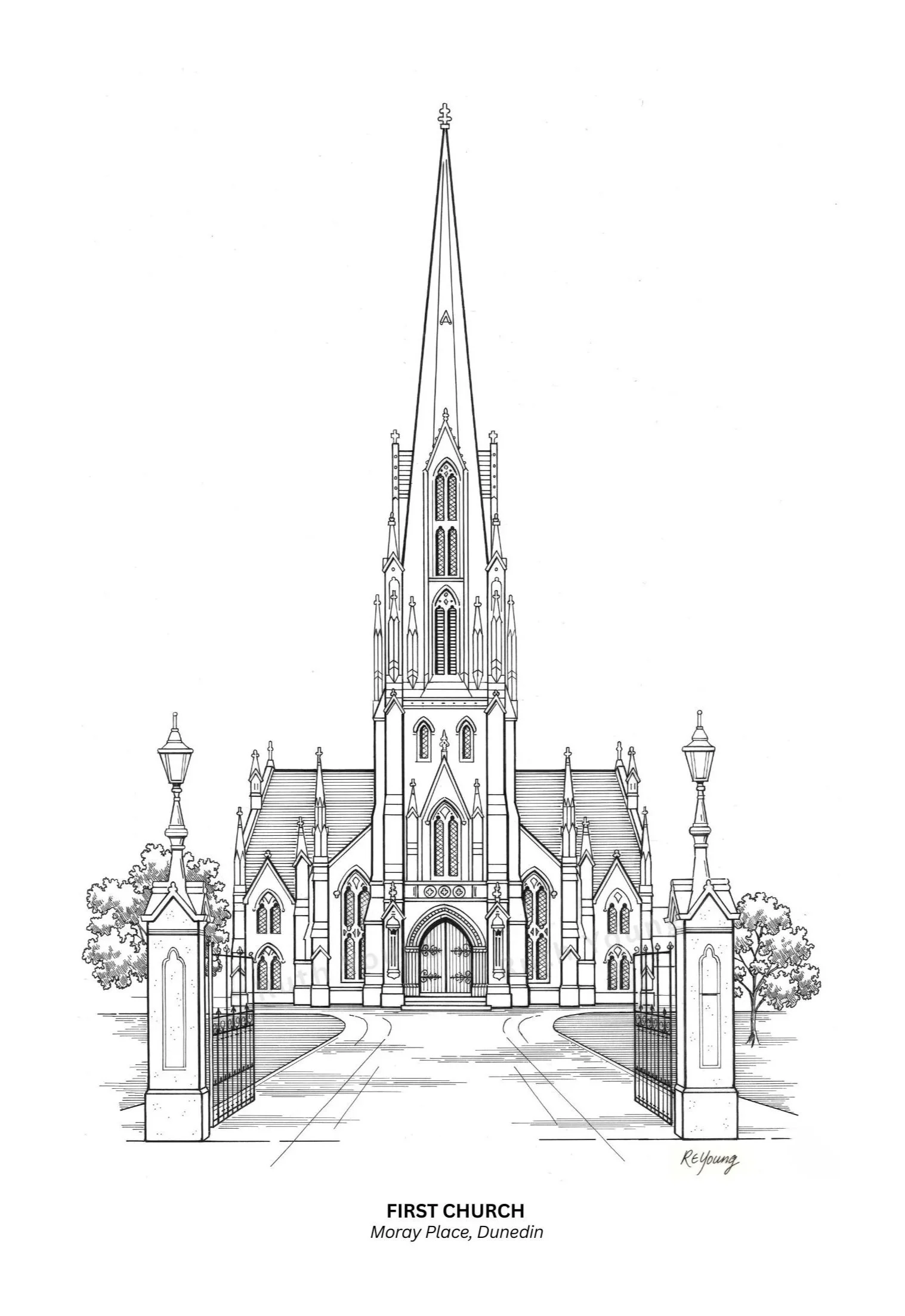 Hand-drawn illustration of First Church, Dunedin by Ruth Young