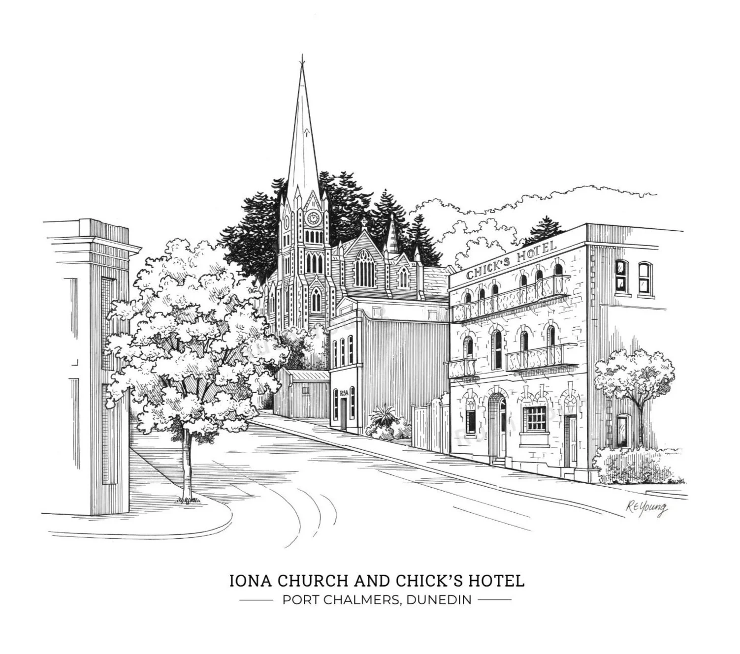 Detailed line drawing looking up Mount Street, Port Chalmers, featuring Iona Church and Chicks Hotel.