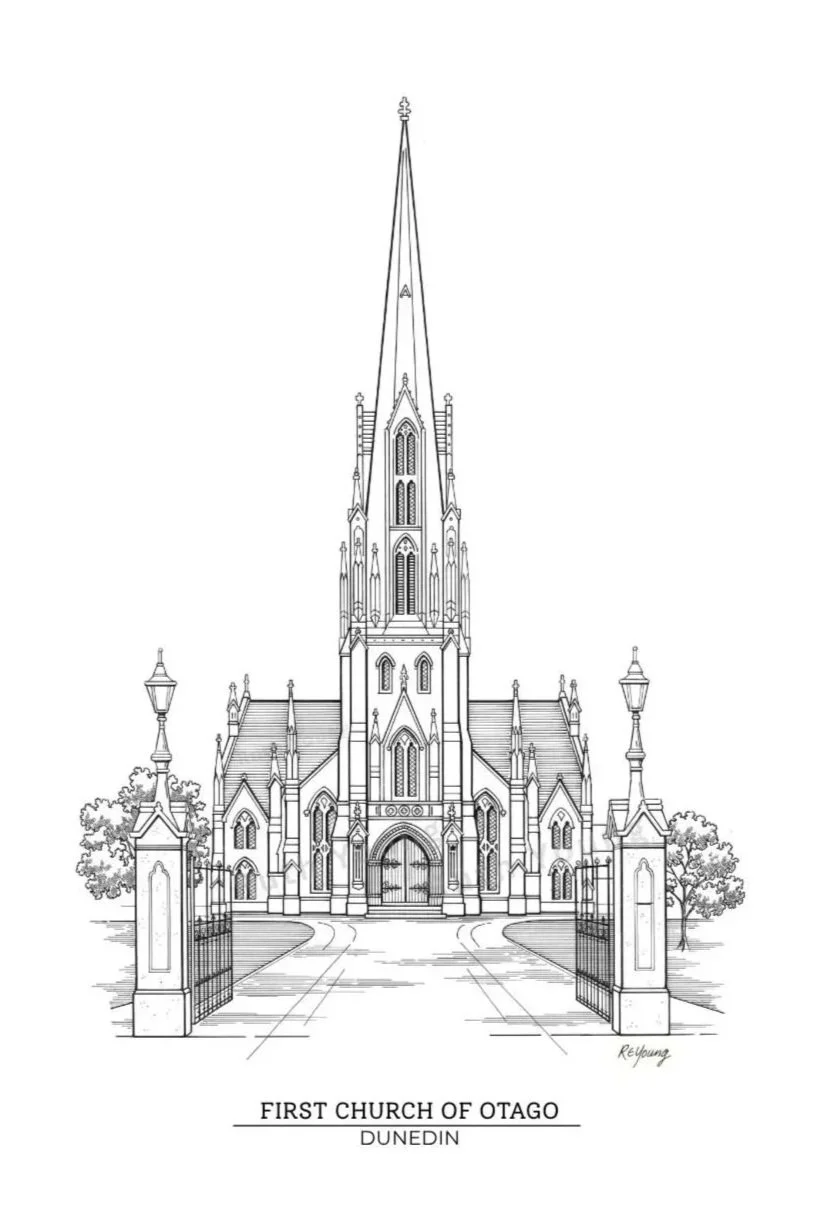 Hand-drawn illustration of First Church of Otago, Dunedin, by Ruth Young