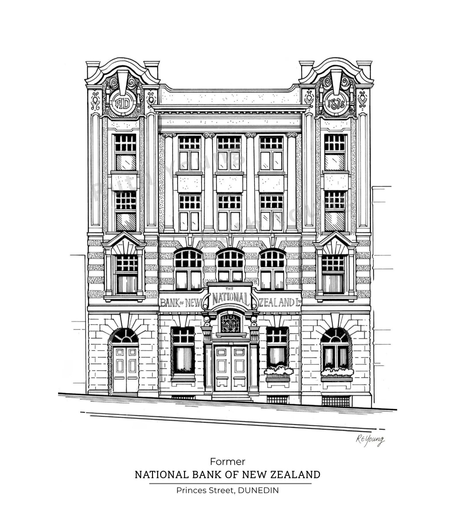 Hand-drawn illustration of the former National Bank of New Zealand building in Princes Street, Dunedin - Ruth Young