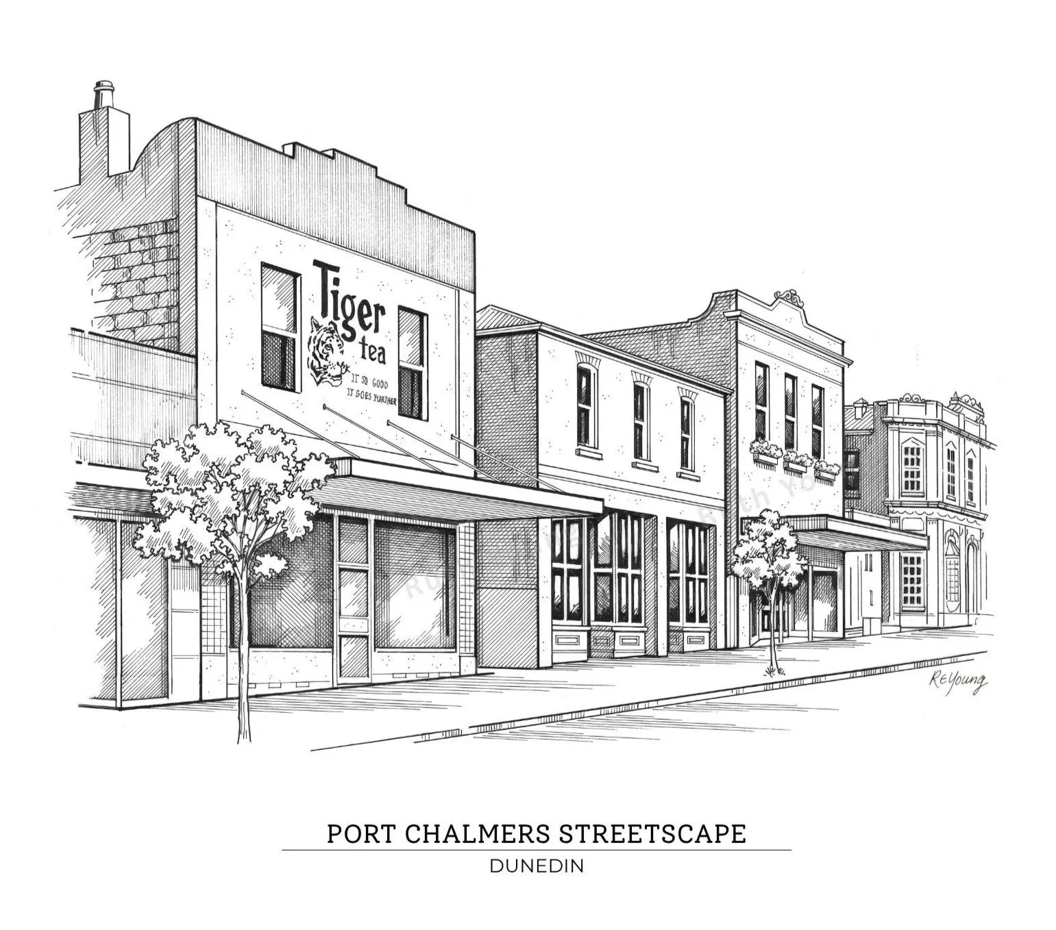 Illustration of street Scene in Port Chalmers, Dunedin , including the former Tiger Tea building, hand-drawn by Ruth Young