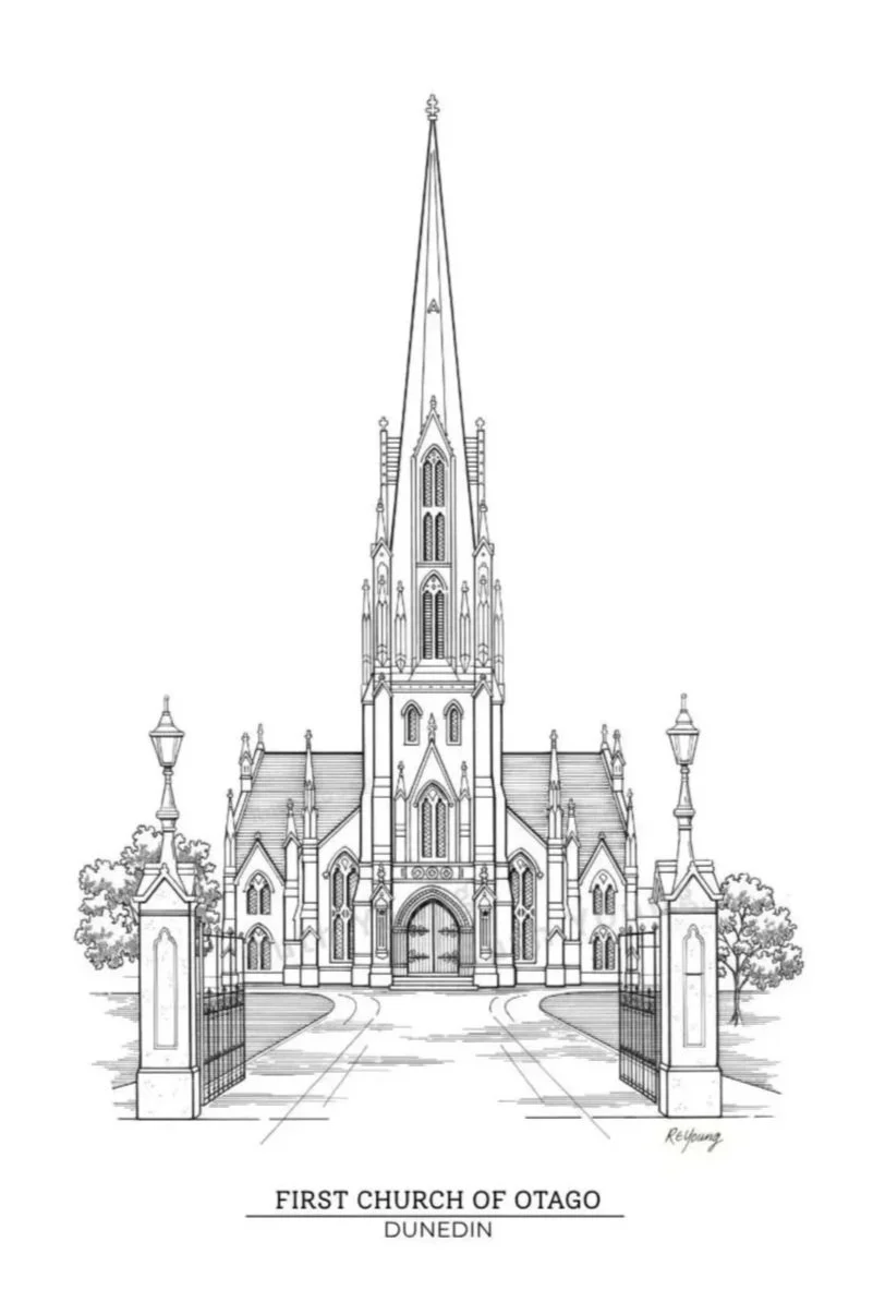 Hand-drawn illustration of First Church of Otago, Dunedin, by Ruth Young