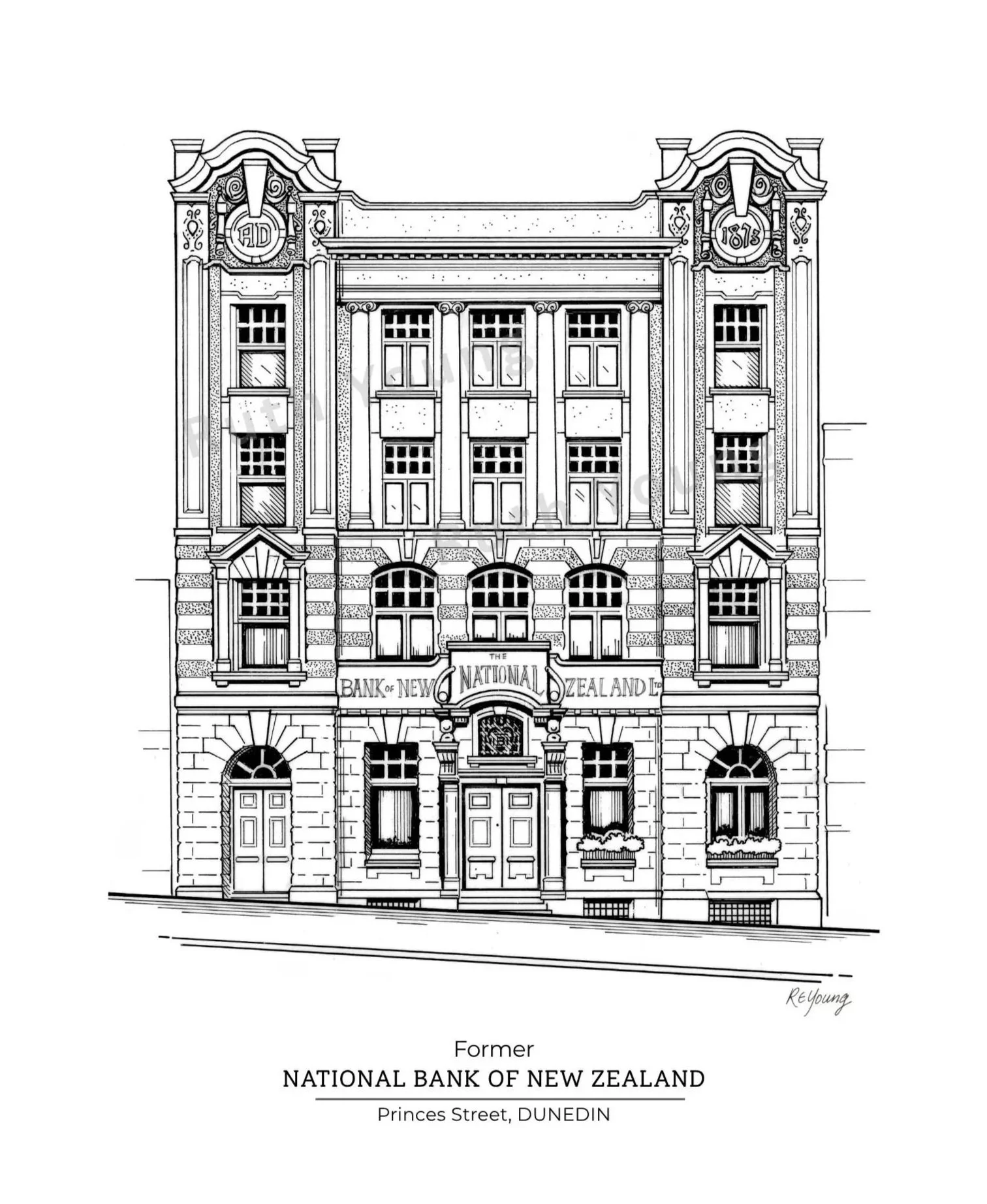 Hand-drawn illustration of the former National Bank of New Zealand building in Princes Street, Dunedin - Ruth Young