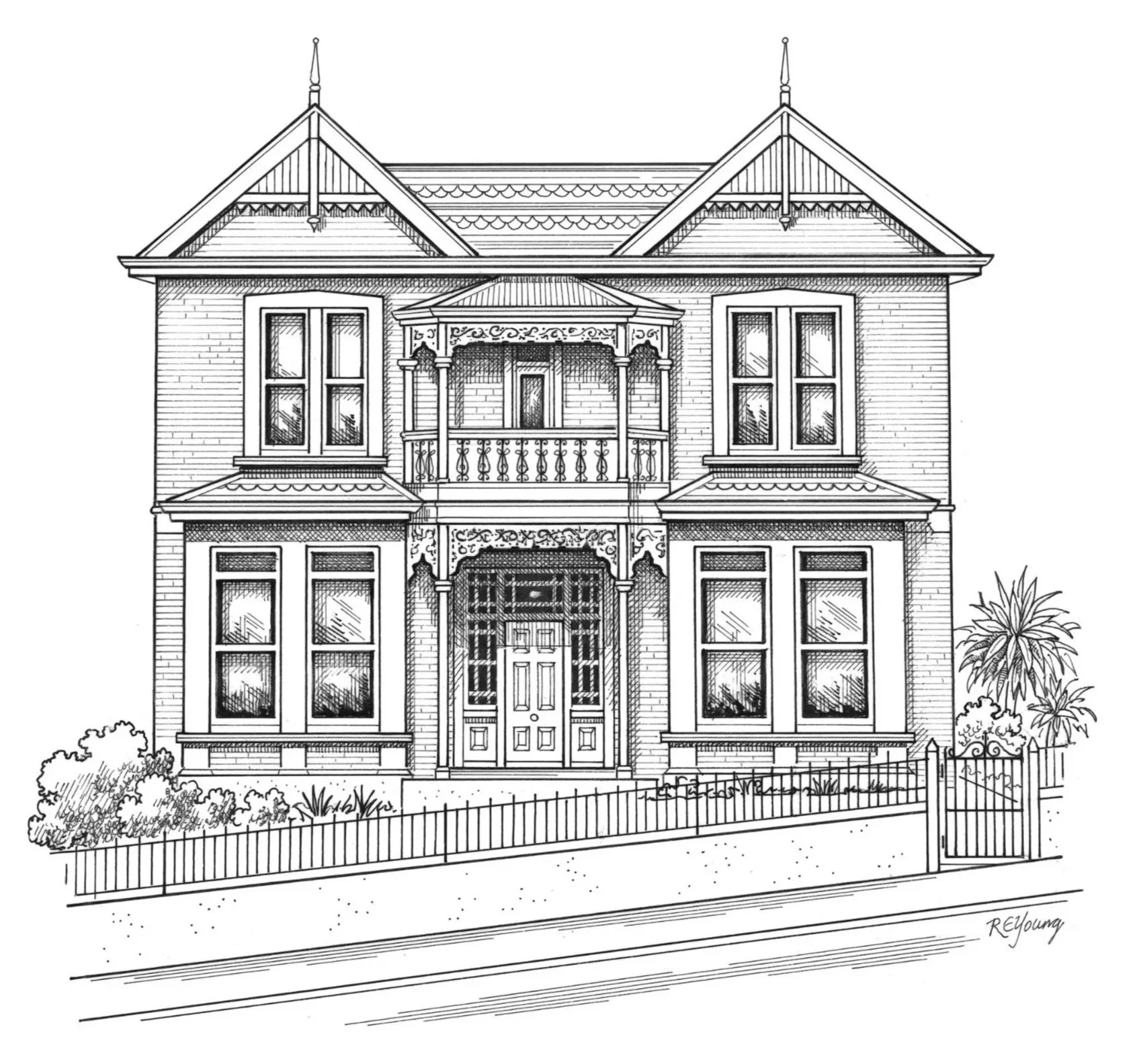 One of Dunedin's beautiful brick villas, hand-drawn in ink.