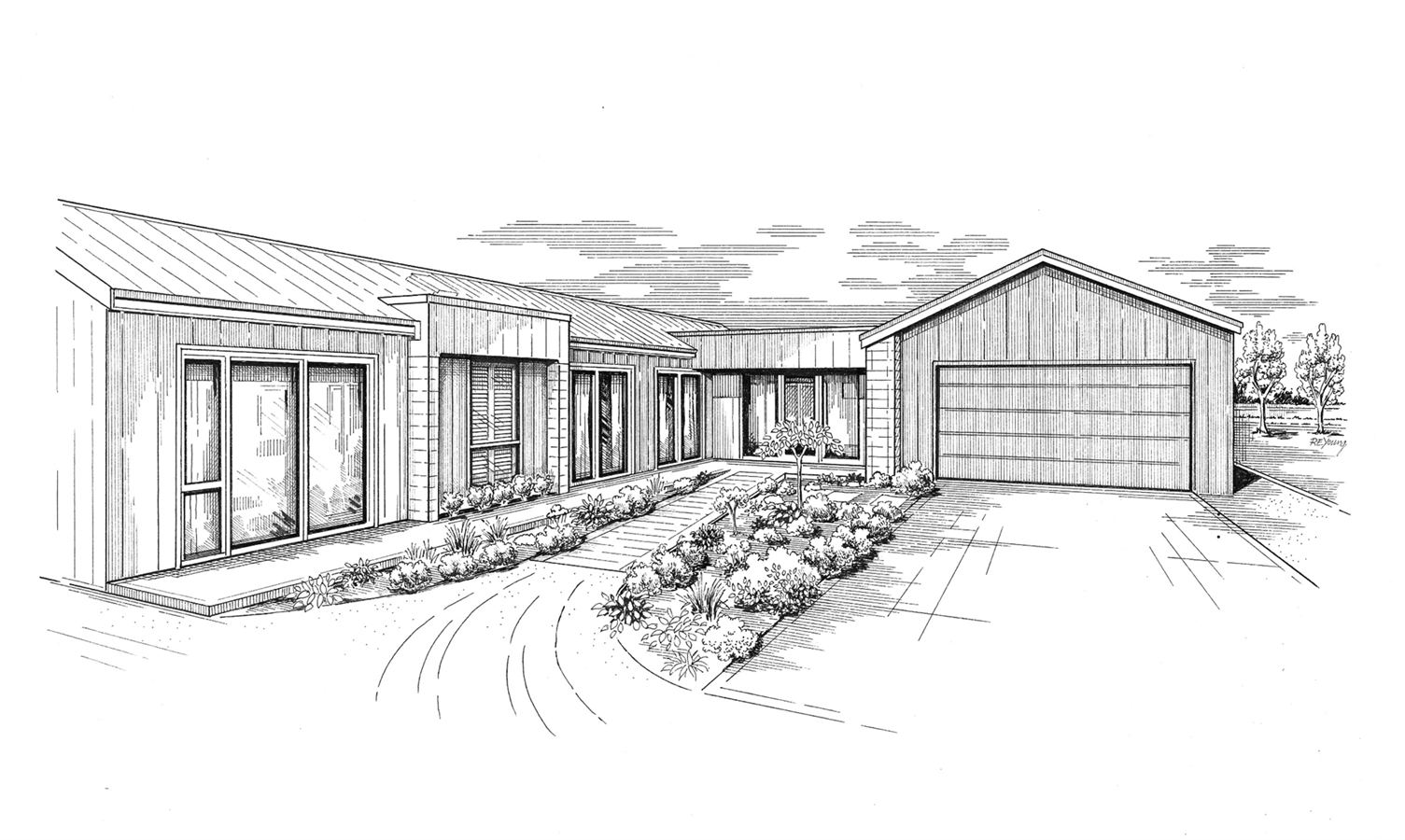 Black and white drawing of a Wanaka home