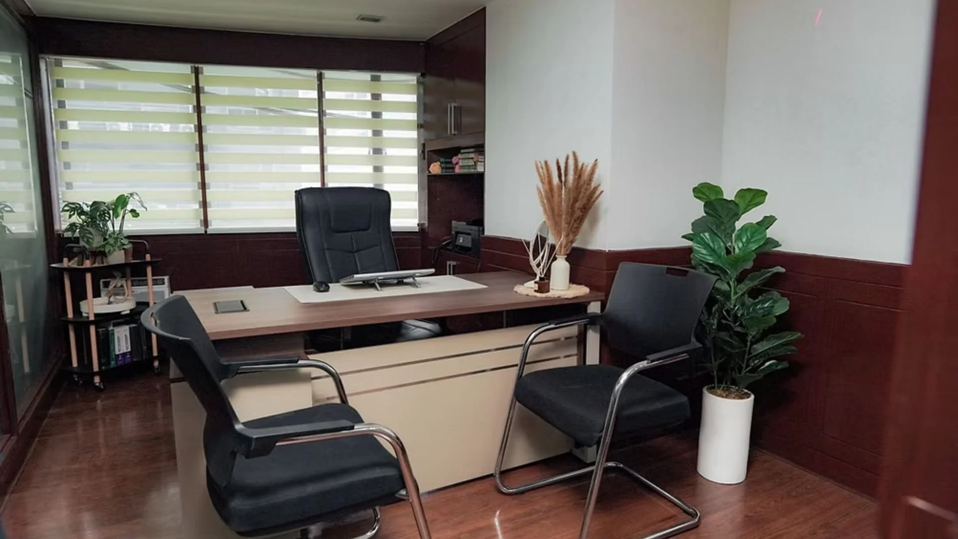 An office with a large wooden desk, black leather chair, two guest chairs, a bookshelf, and green plants near the windows.