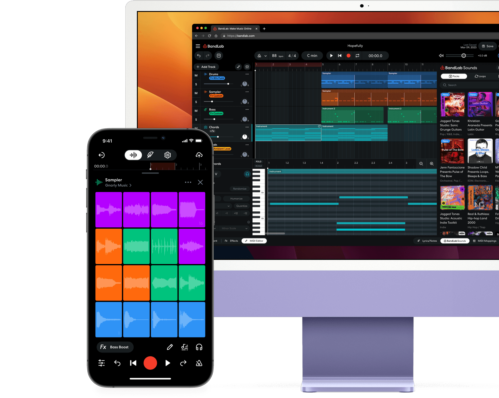 Computer monitor displaying a digital audio workstation with multiple tracks, and a smartphone showing a music sampling app with colorful waveforms.
