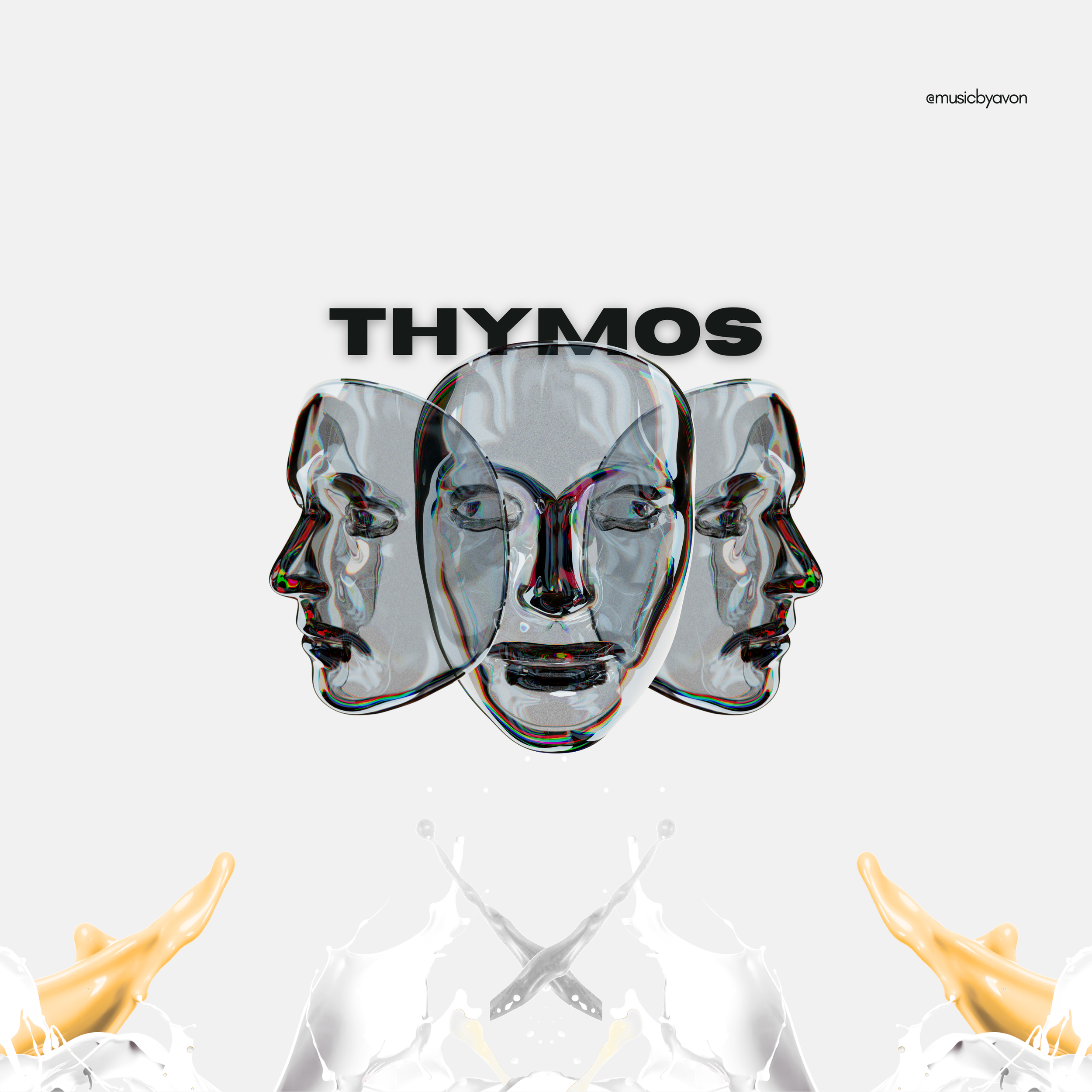 Multiple glasses of champagne with liquid splashing out, behind the word 'THYMOS' in bold black letters, on a gray background.