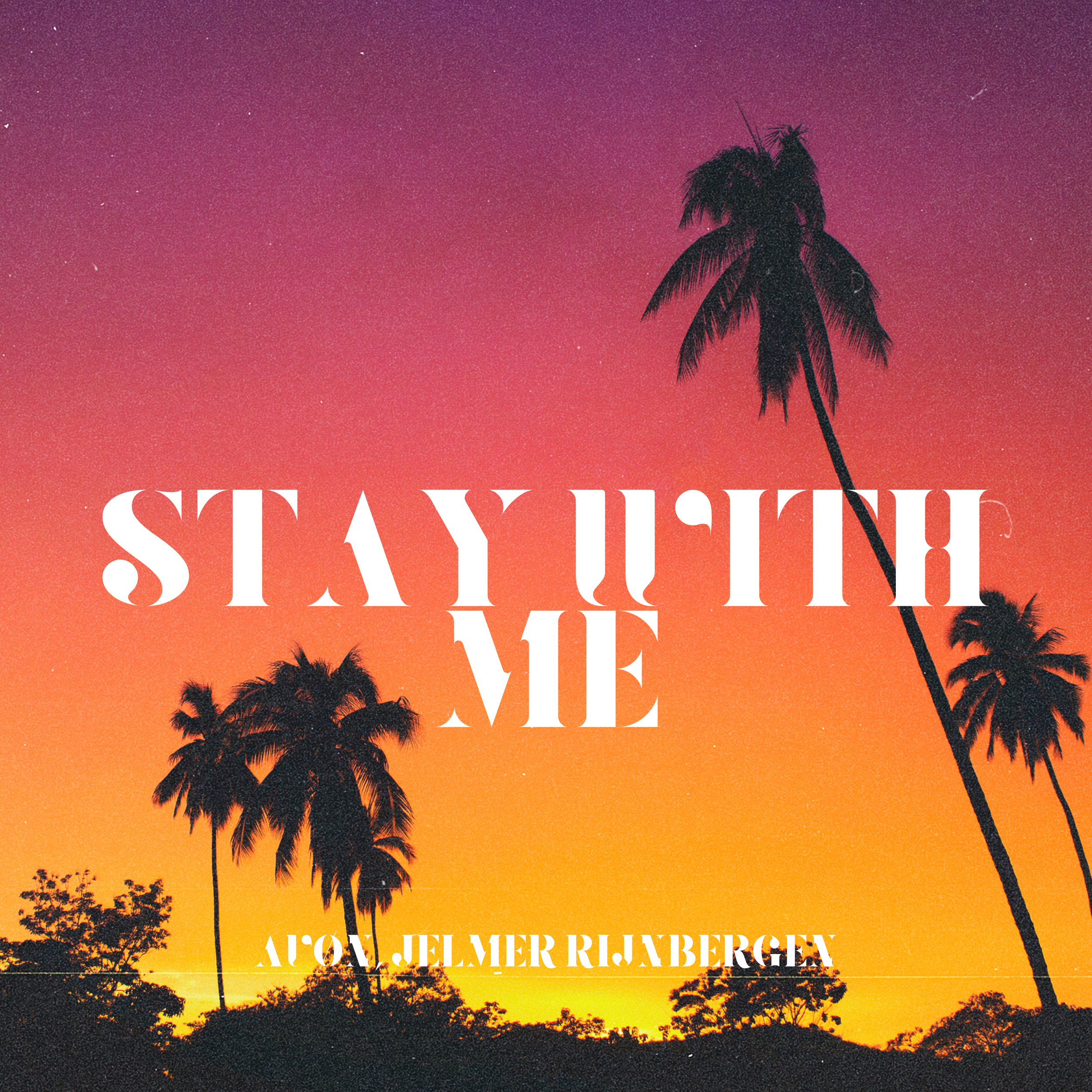 Silhouettes of palm trees against a vibrant orange, pink, and purple sunset sky.