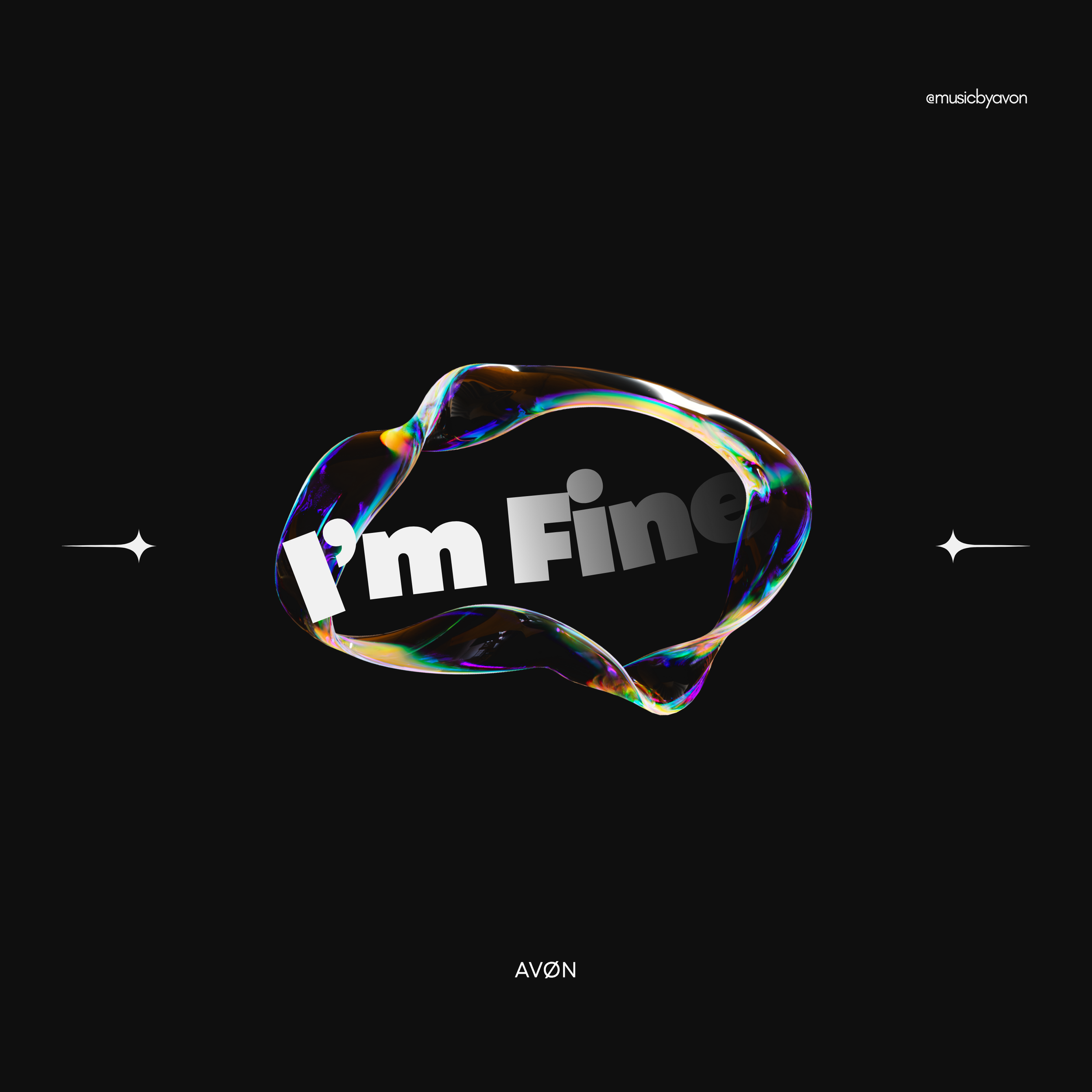 Abstract black background with a colorful, iridescent bubble shape and white text that reads 'Time to Fly' and '@musicbyavon'.