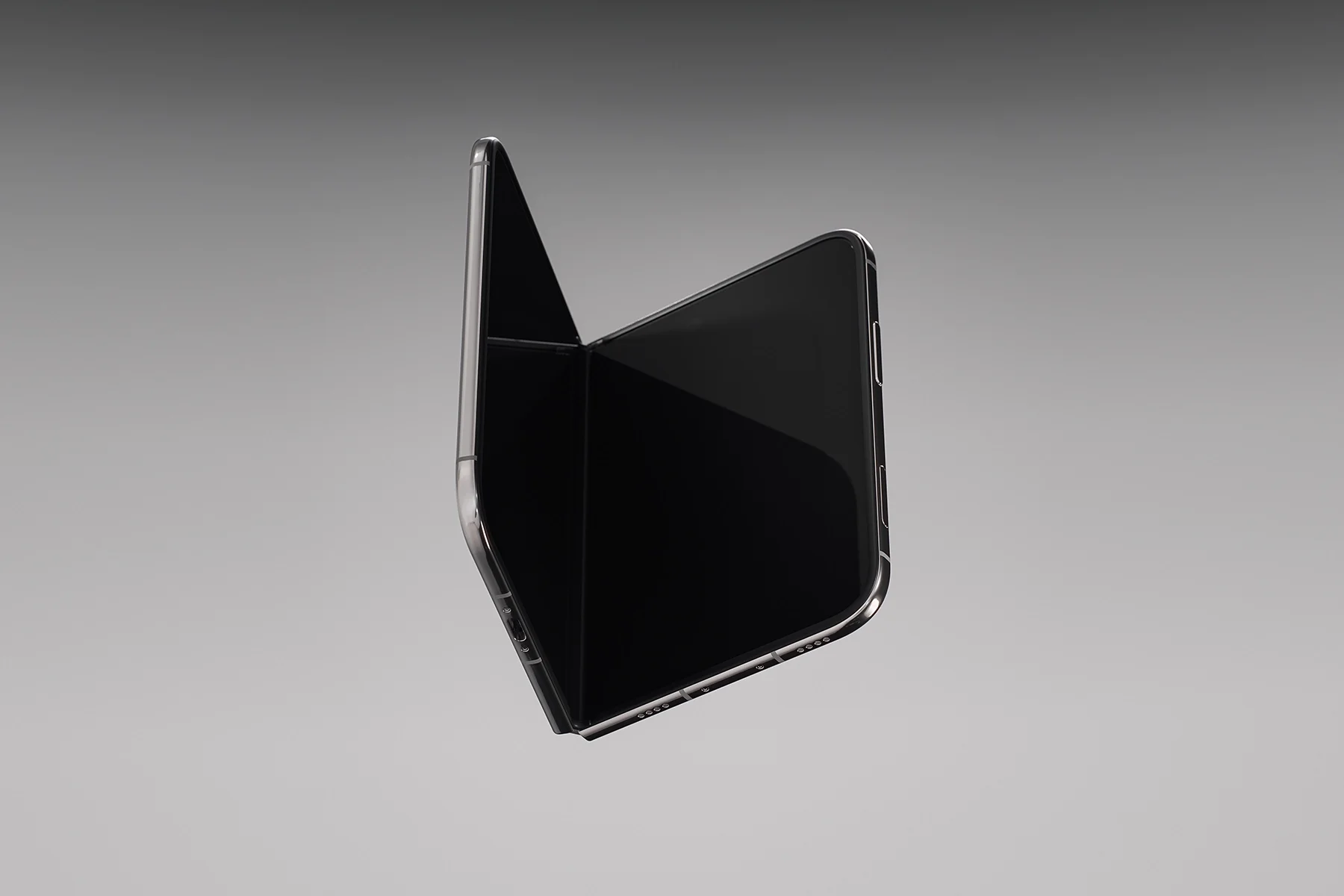Floating conceptual foldable phone mockup partially folded with a black screen against a grey background.