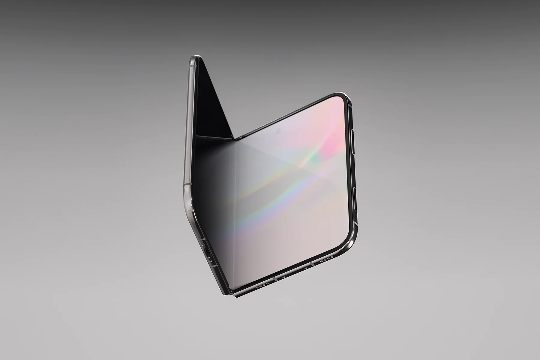 Floating conceptual foldable phone mockup partially folded with a reflective screen against a grey background.