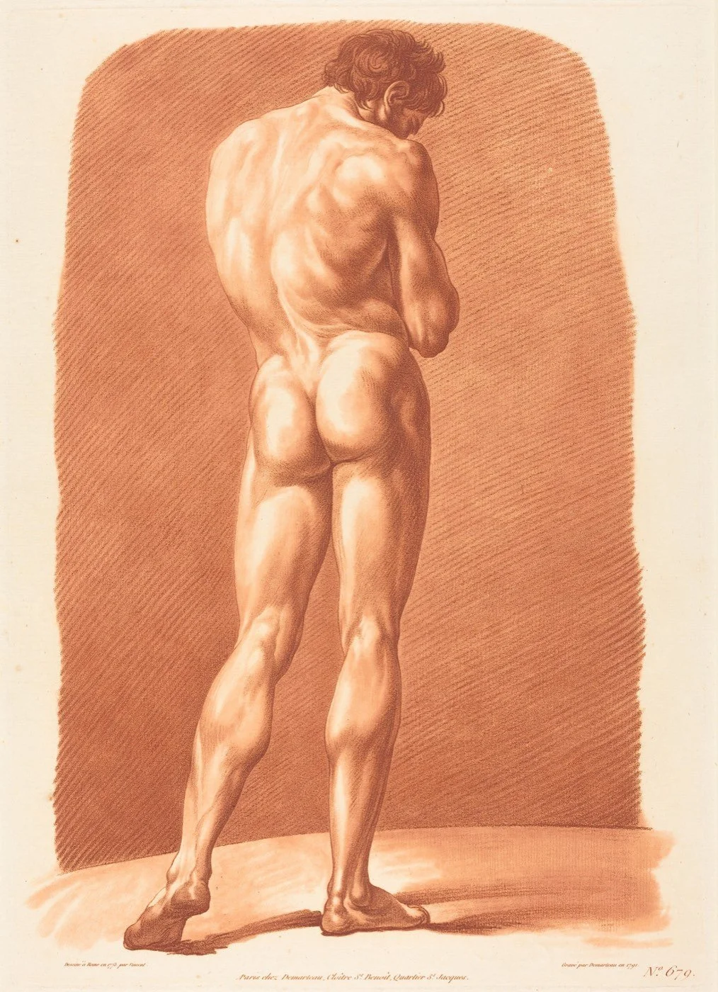 Figura masculina de espaldas en tonos rojizos sobre papel claro.