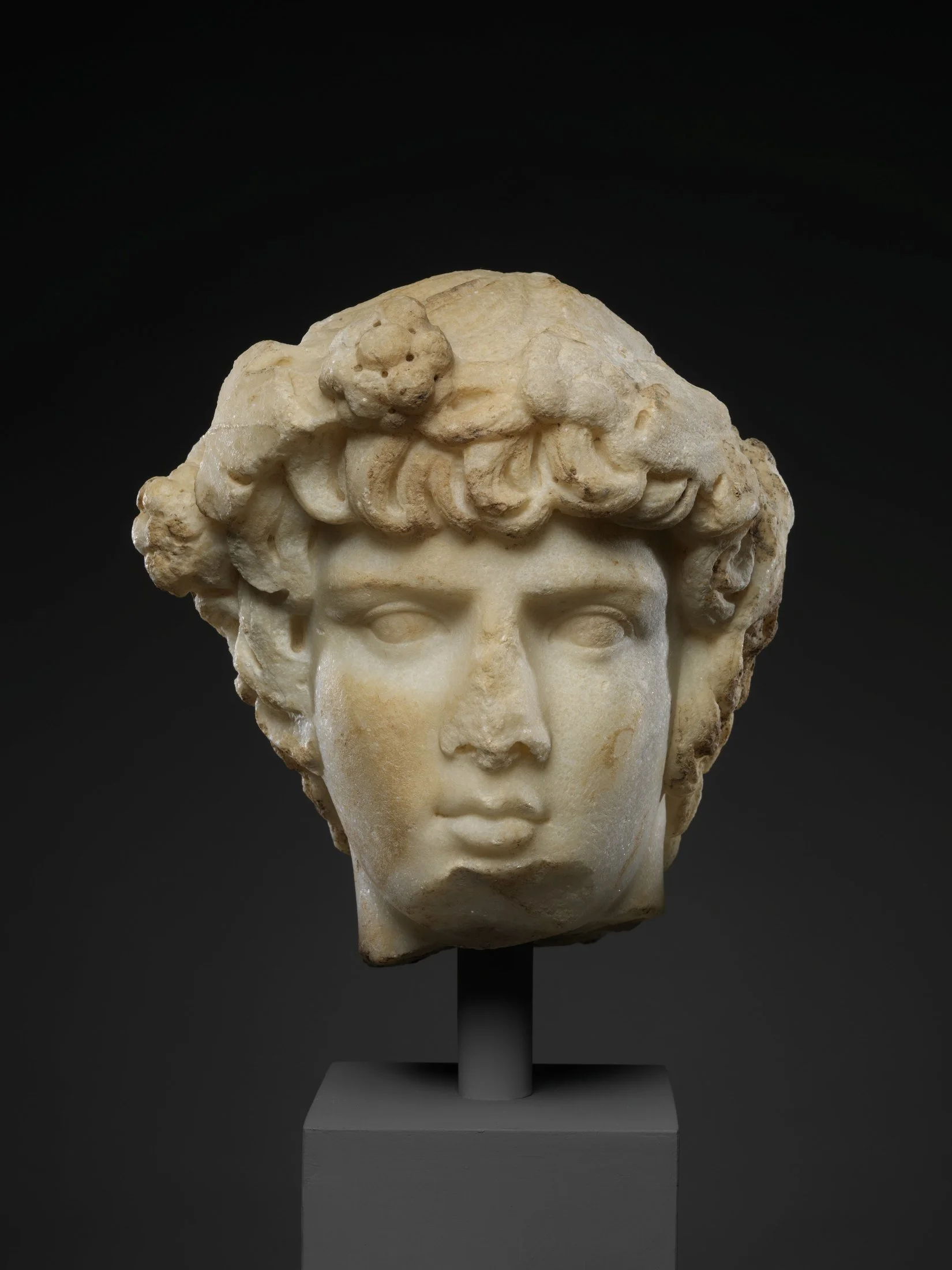 Retrato de Antínoo en mármol con rizos y corona de hiedra, conservado de forma fragmentaria.