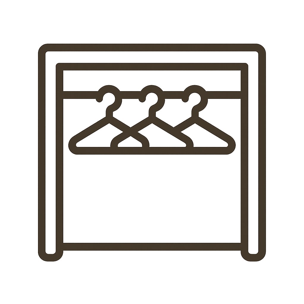 Illustration d'une armoire avec des cintres à l'intérieur.