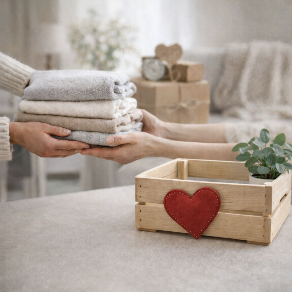 Deux personnes échangent des serviettes ou des vêtements pliés dans un environnement chaleureux et décoratif, avec un panier en bois orné d'un cœur rouge et une petite plante verte.