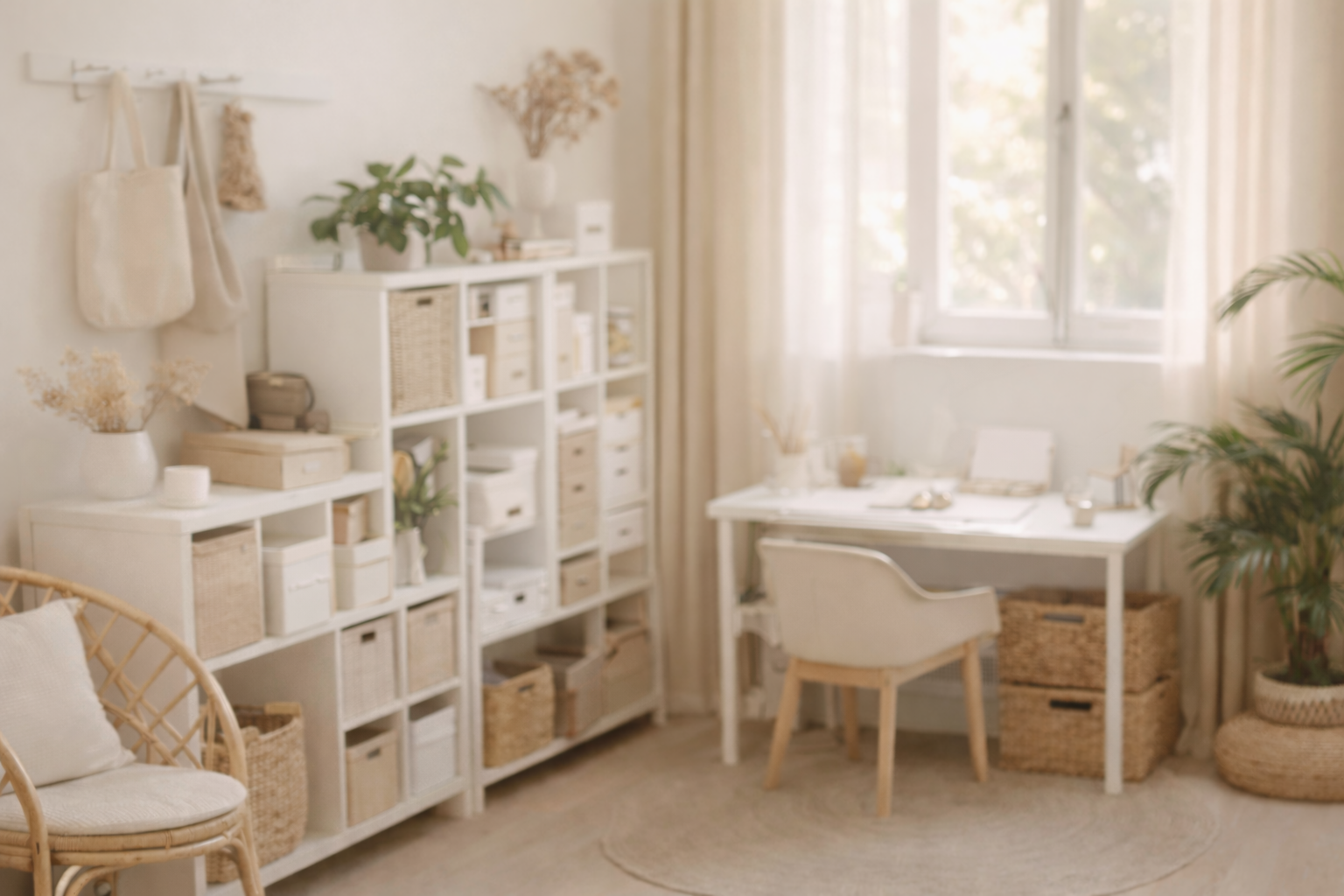 Une pièce lumineuse décorée en style minimaliste avec des meubles blancs, des paniers en osier, des plantes vertes, un bureau blanc, et des fenêtres laissent entrer beaucoup de lumière naturelle.
