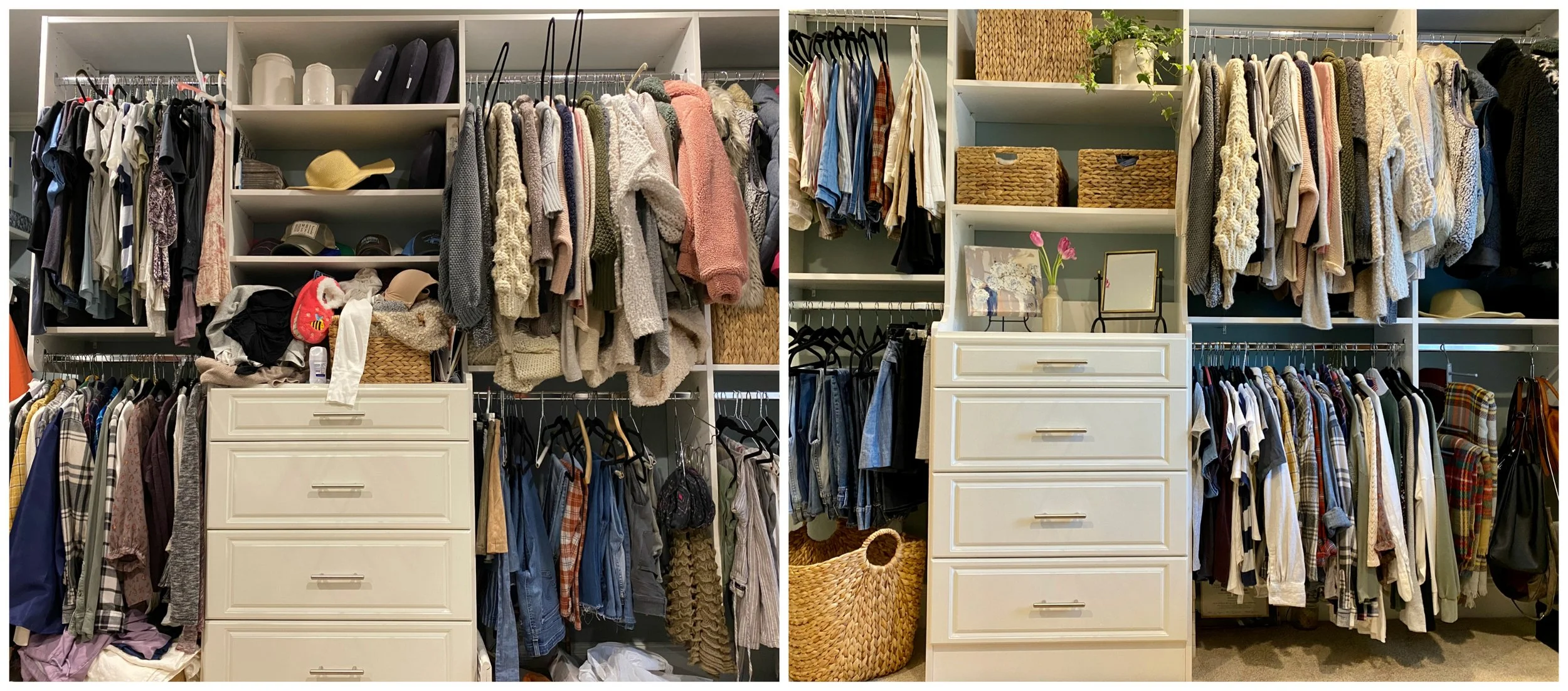 Garde-robe organisée avec différentes sections de vêtements tels que chemises, pulls, pantalons et accessoires, avec des étagères et des caisses de rangement.