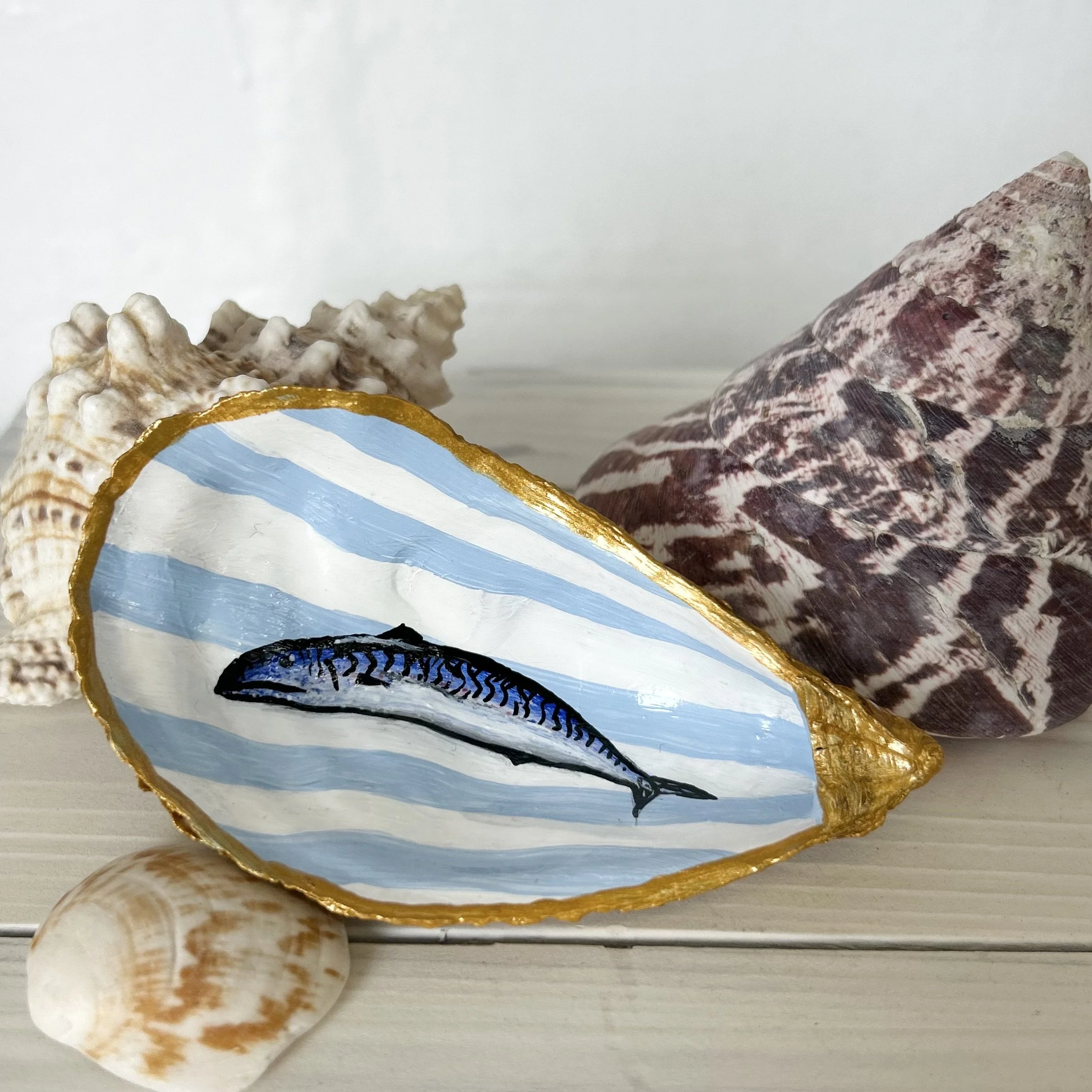 Mackerel Hand Painted Oyster Shell Trinket Dish