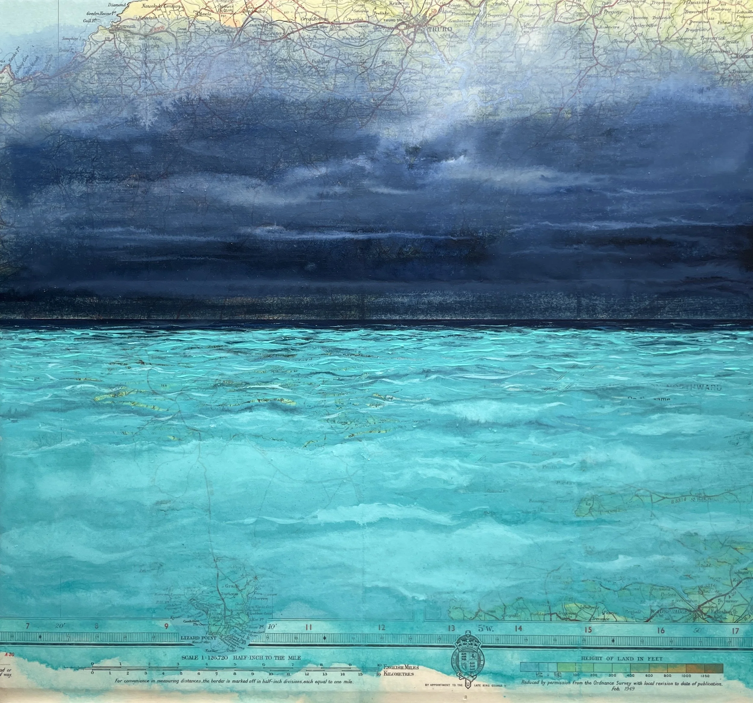 Dream Lucid 34x32cm Acrylic & Pigment on Authentic Vintage Map of Cornwall .jpg