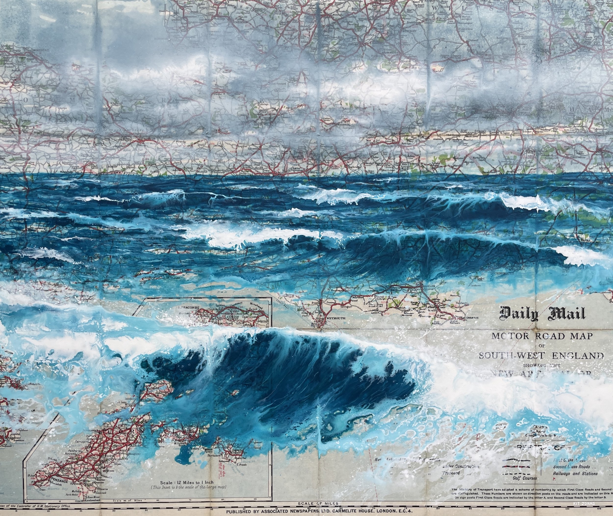 I Have Never Seen The Waves Surrender 62x52cm Acrylic & Spraypaint on Authentic Vintage Map of the South West .jpg [10].jpg